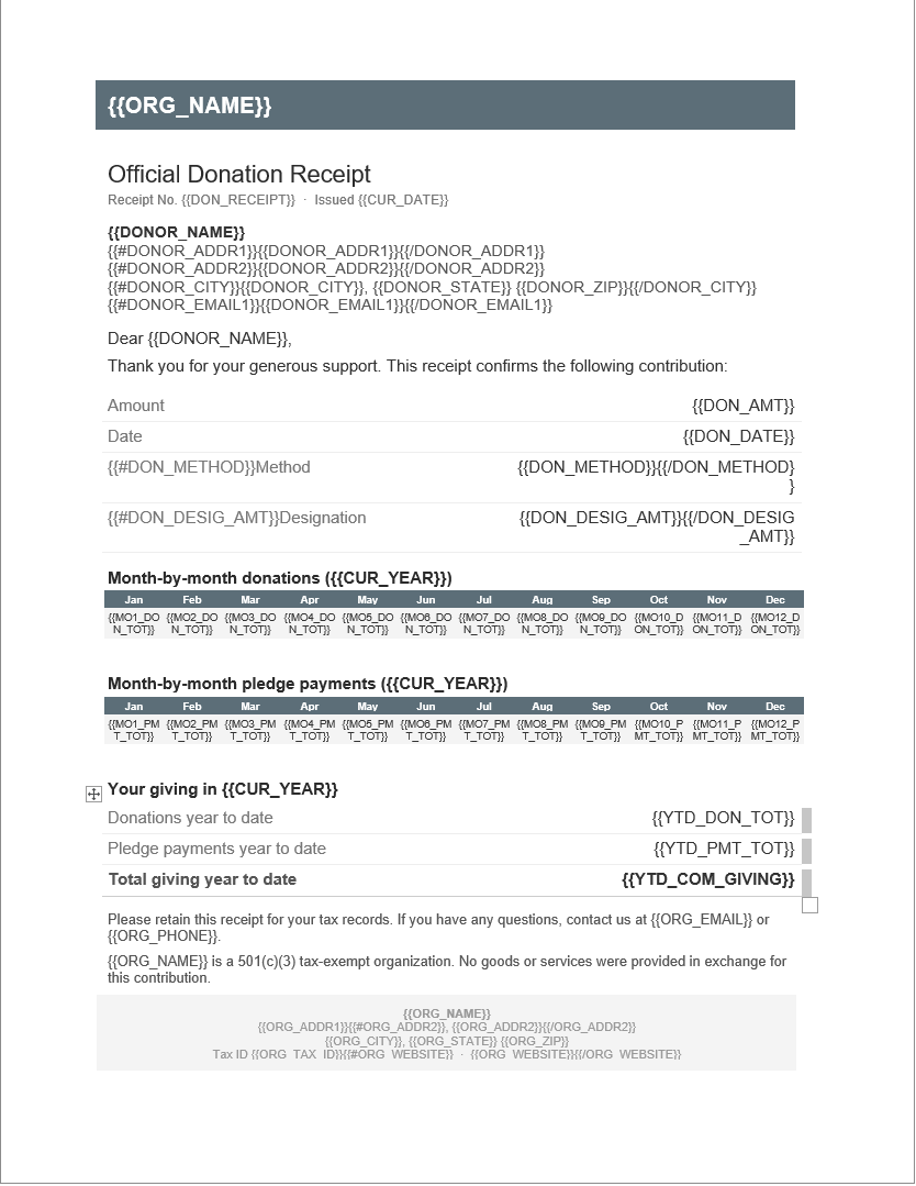 A Word donation-receipt template open for editing, with merge tokens such as {{DONOR_NAME}}, {{DON_AMT}} and {{DON_DATE}} standing in for the values Mich will fill