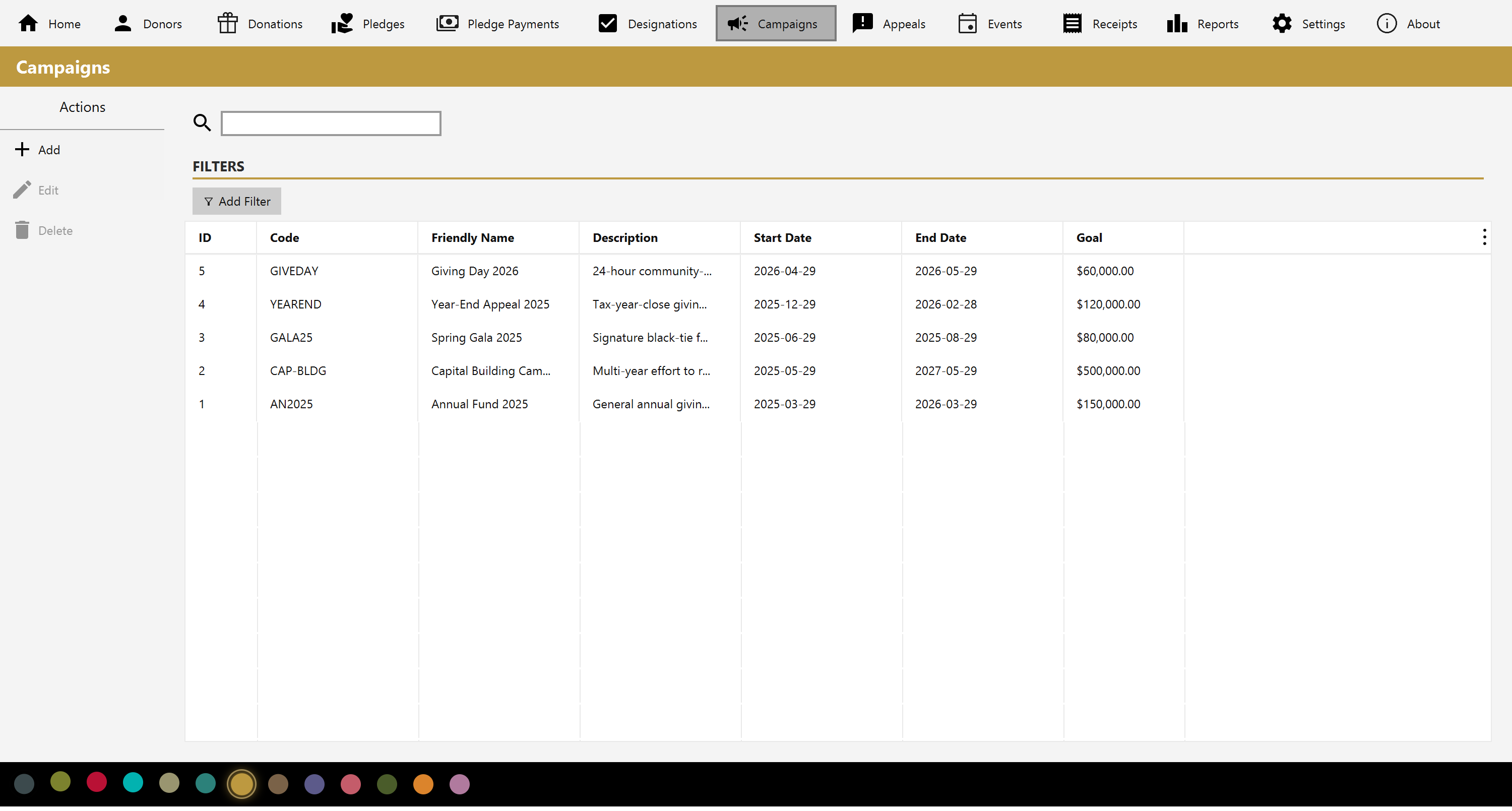 The Campaigns list showing fundraising drives with their codes, dates and goals