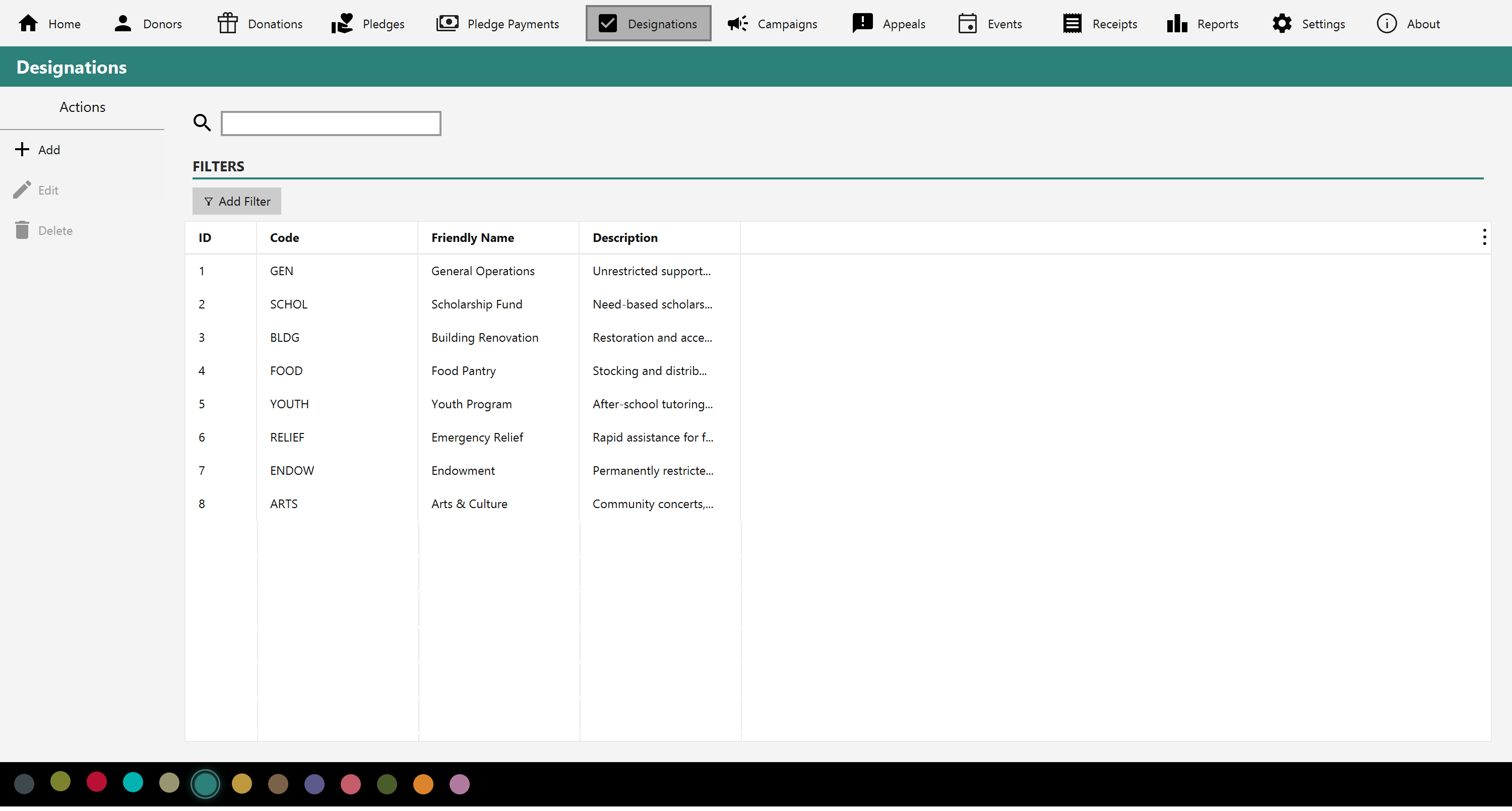 The Designations list showing funds with their codes, friendly names and descriptions