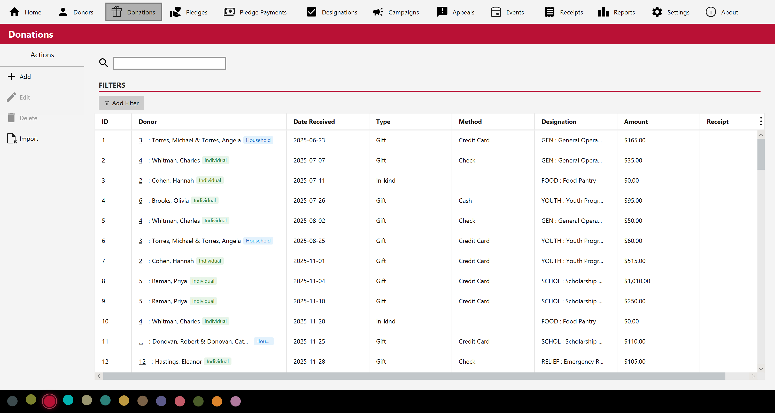 The Donations list showing recorded gifts with dates, donors, amounts, methods and designations