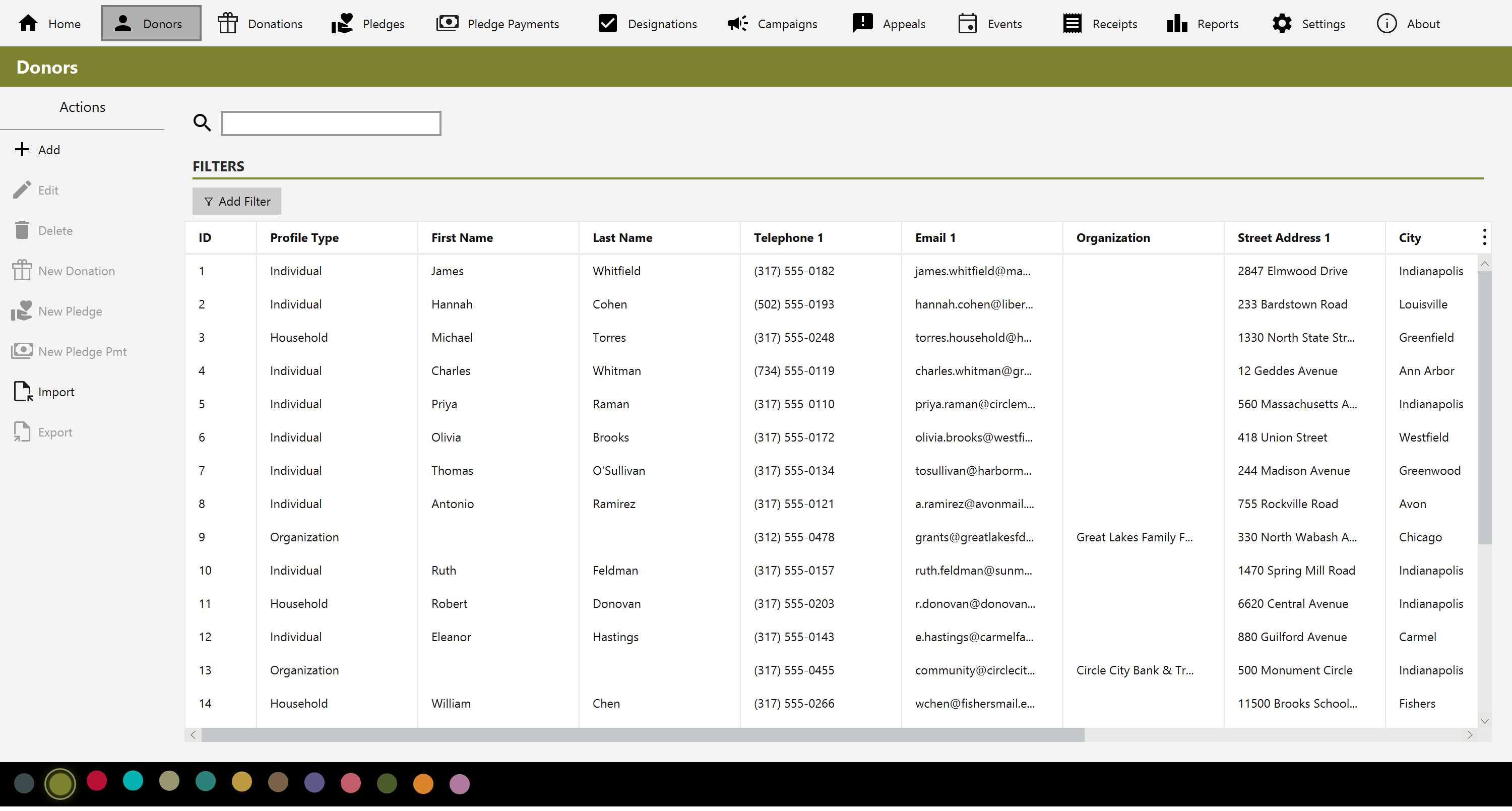 The Donors list showing individual, household and organization records with contact details and addresses