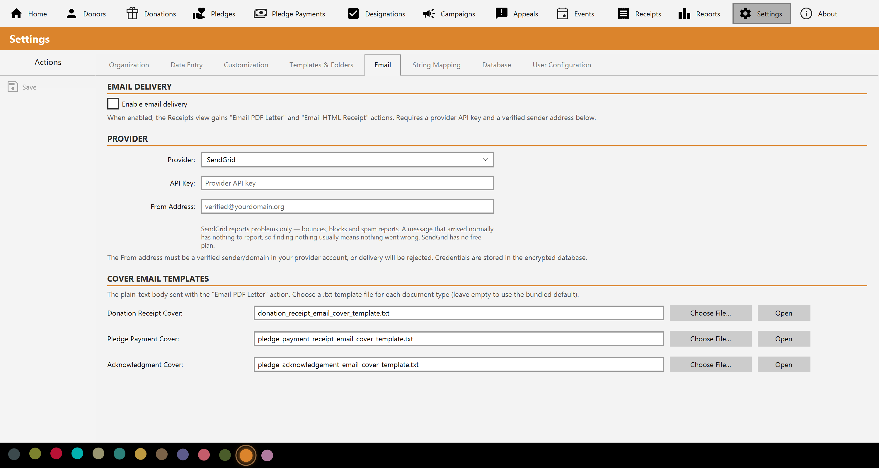 The Email settings tab with the delivery toggle, provider set to SendGrid, an API key and verified sender address, and the three cover-email templates