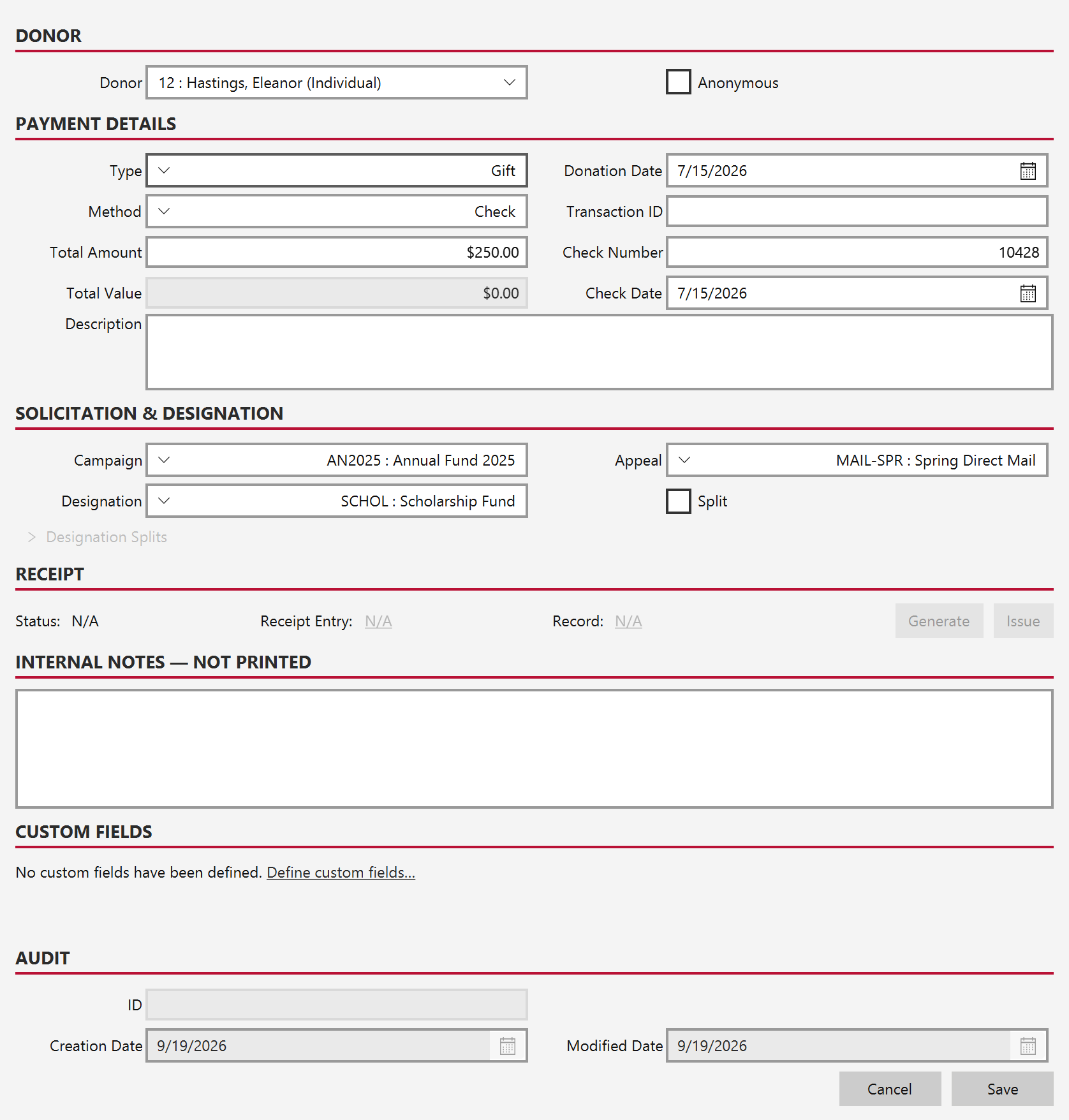 A donation being entered: a $250 check gift attributed to a campaign, appeal and designation