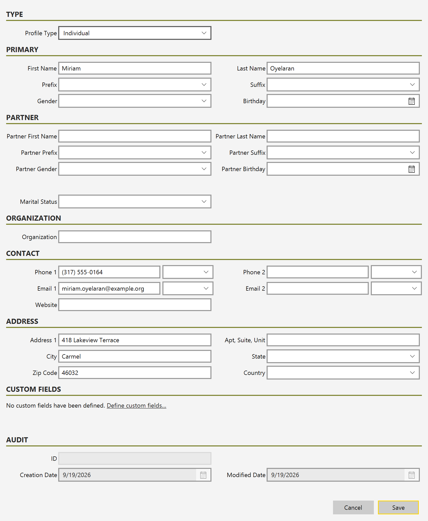 The new donor form filled in with a name, phone, email and address, ready to save