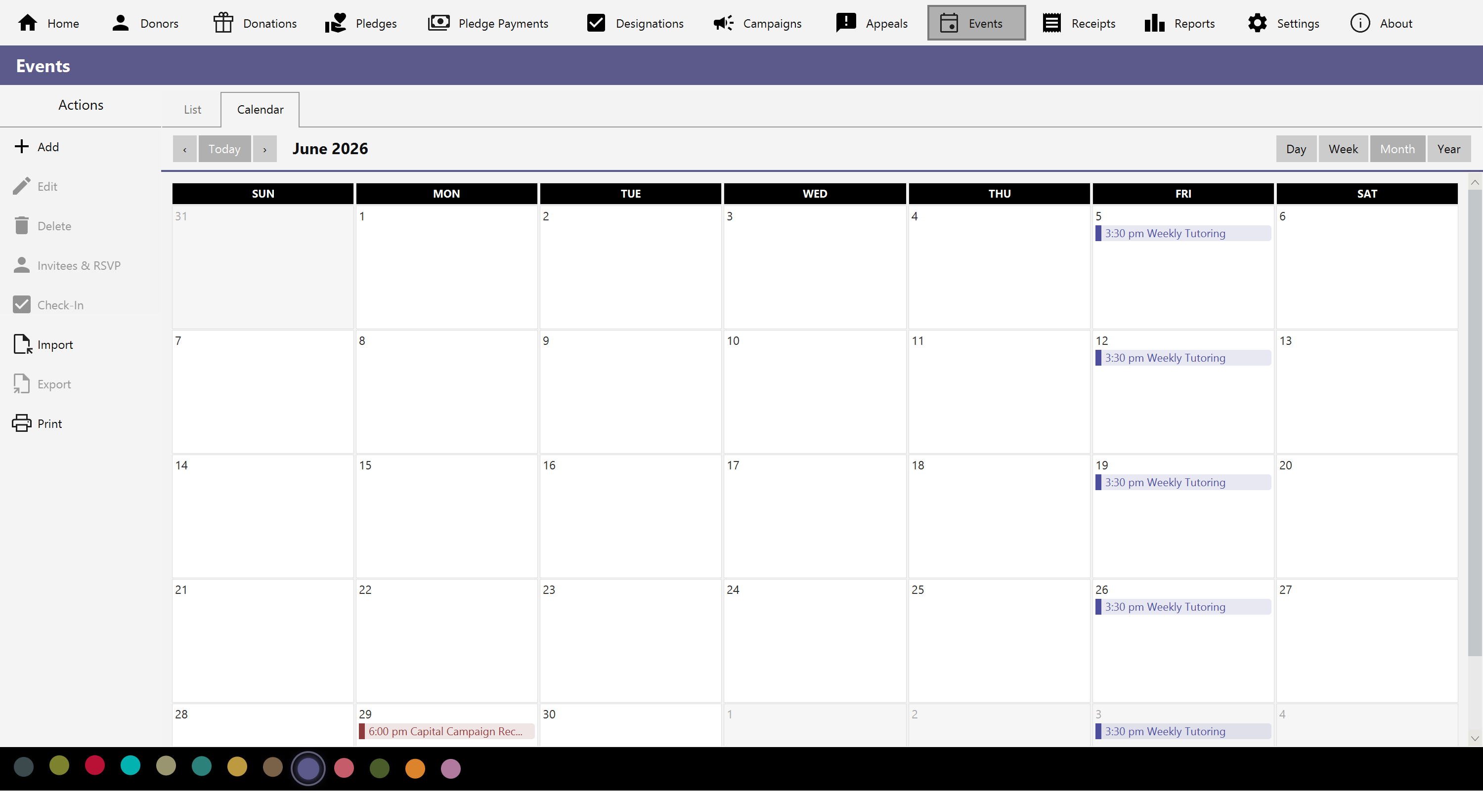 The Events calendar in month view, showing a recurring weekly class across five weeks alongside color-coded one-off events
