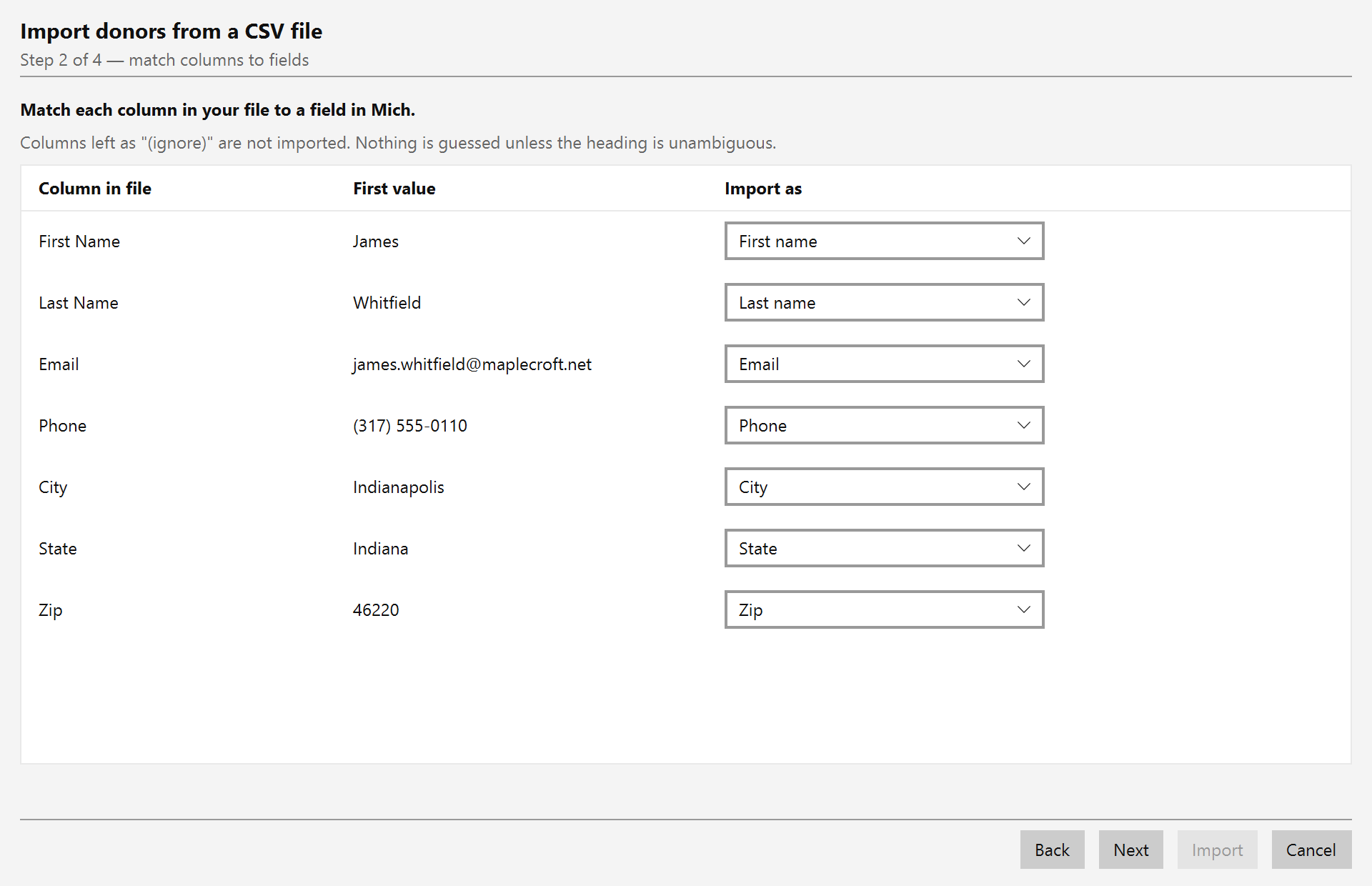 The import wizard matching each column of a CSV file to a Mich field, with the first value from the file shown beside each one