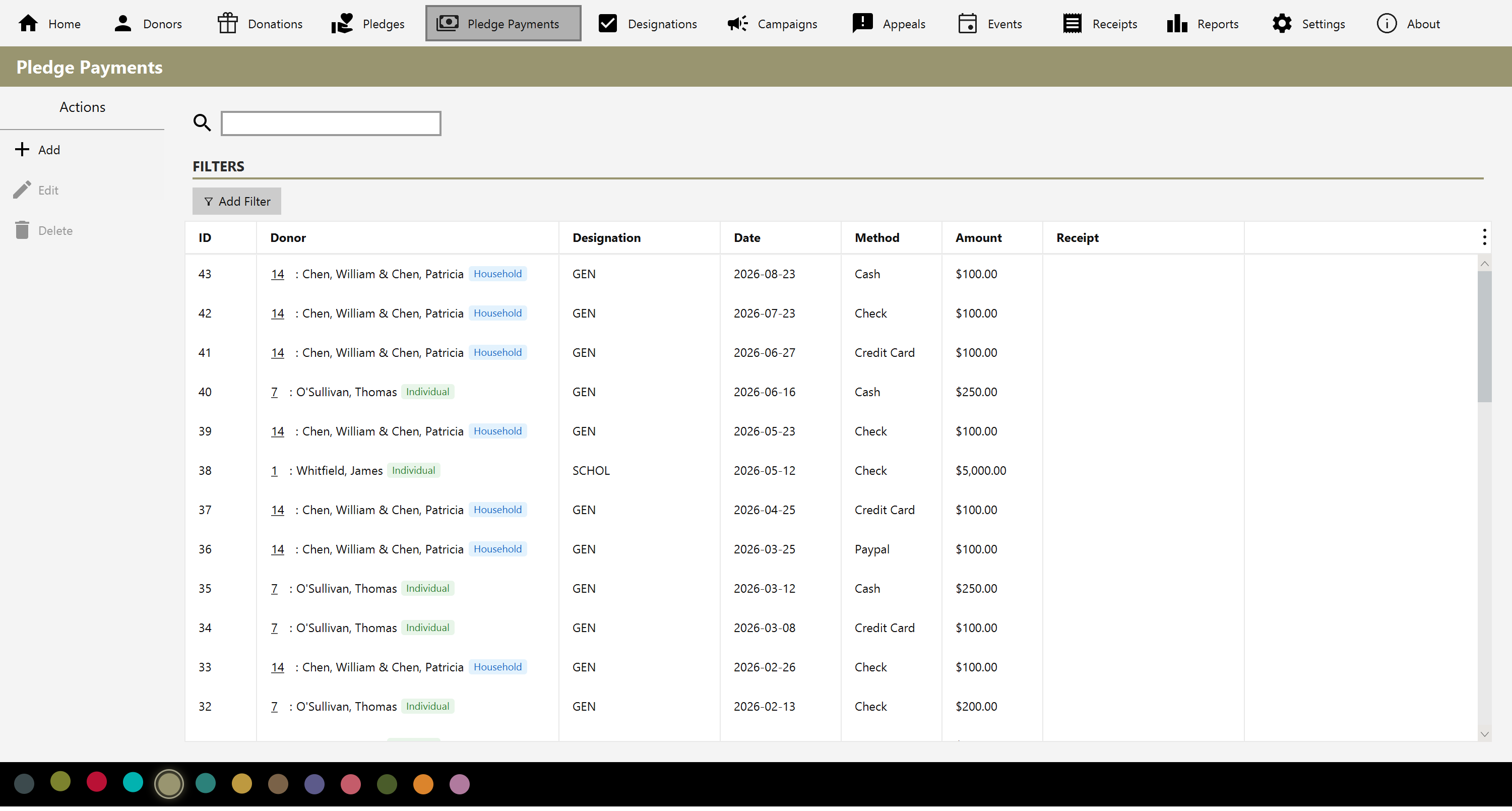 The Pledge Payments list showing payments applied against their pledges and installments