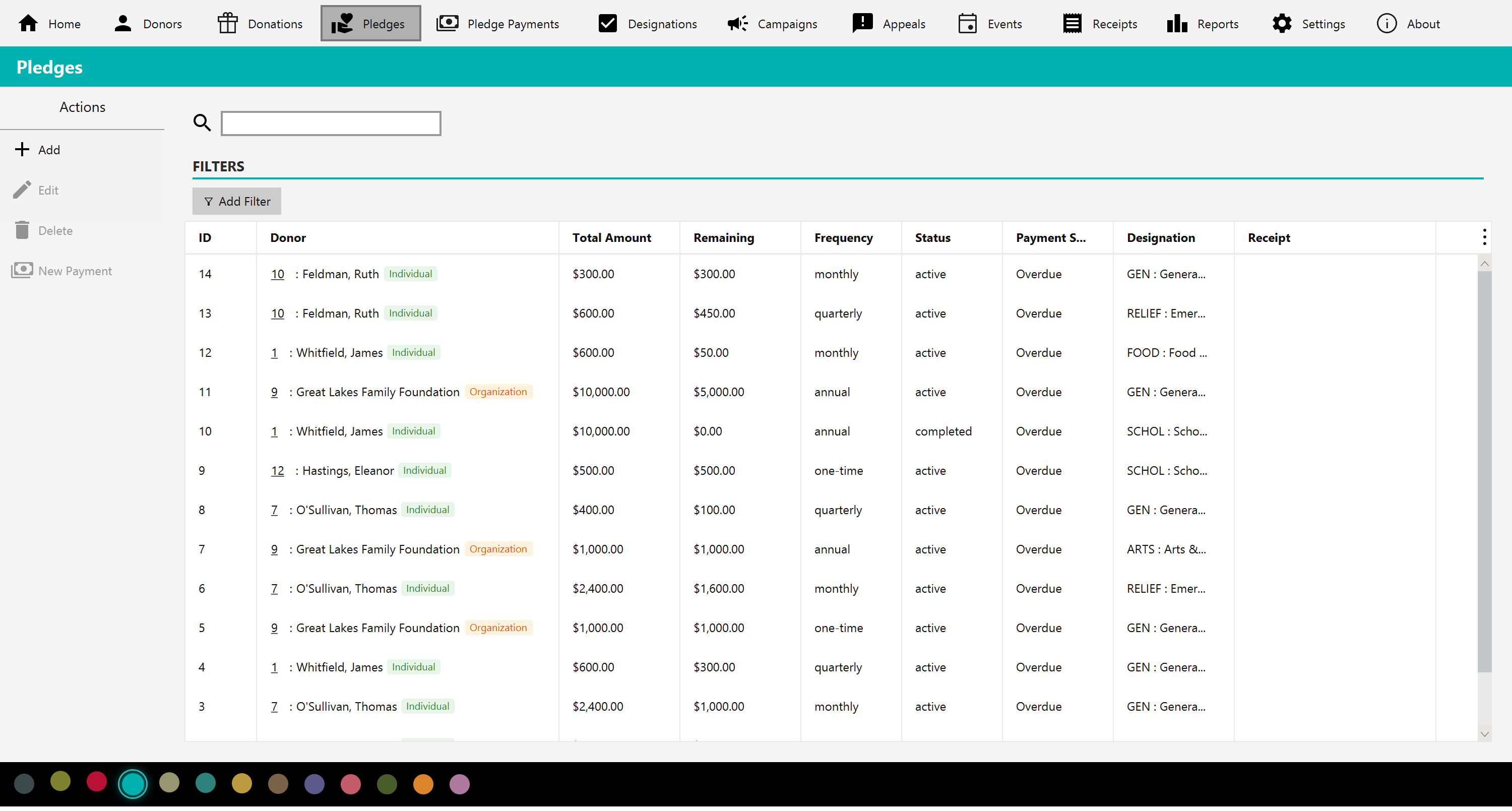 The Pledges list showing pledged totals, remaining balances, installment counts, frequency and payment status