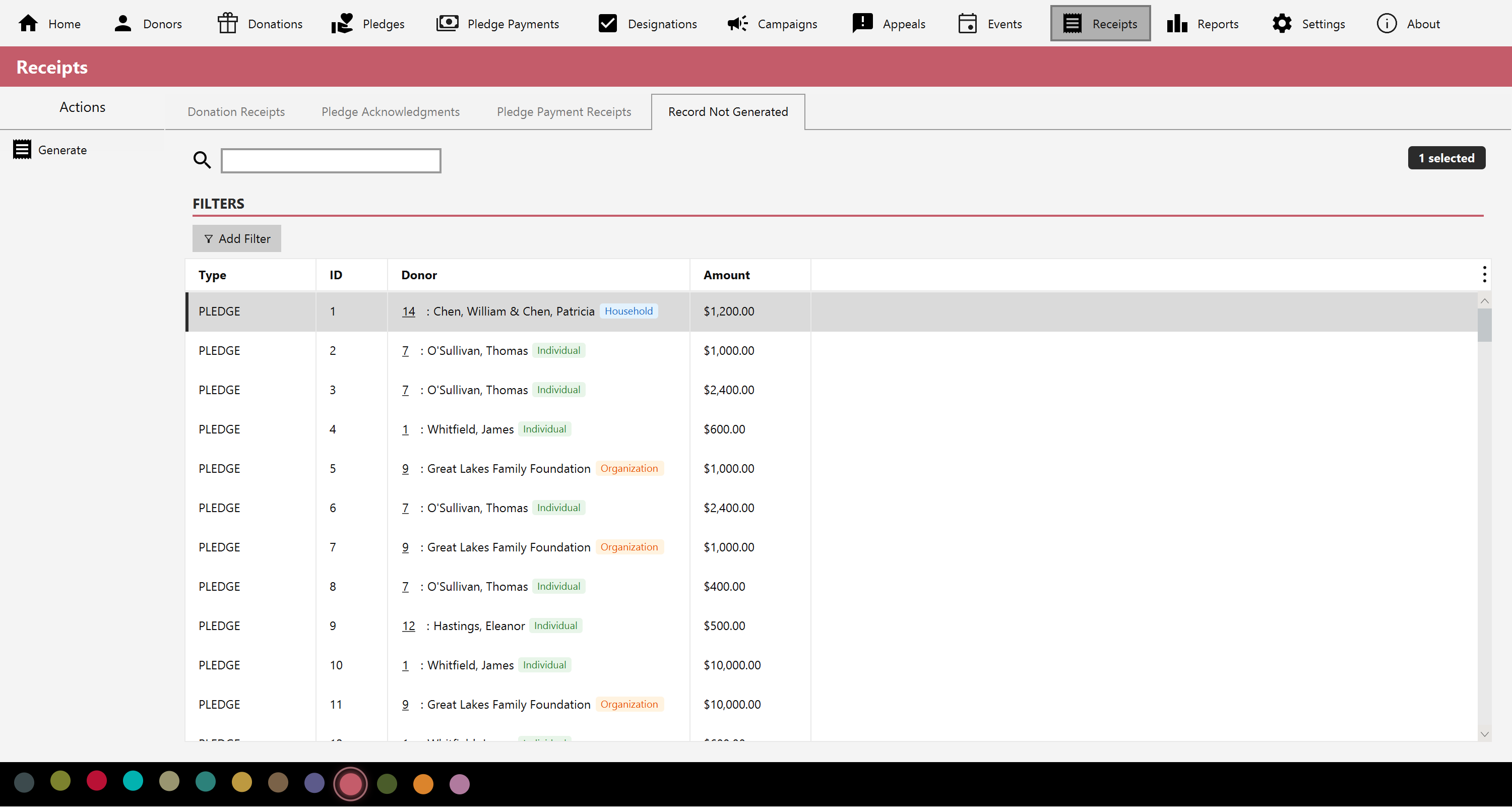 The Receipts view showing issued receipts with their sequential numbers, donors, amounts and status