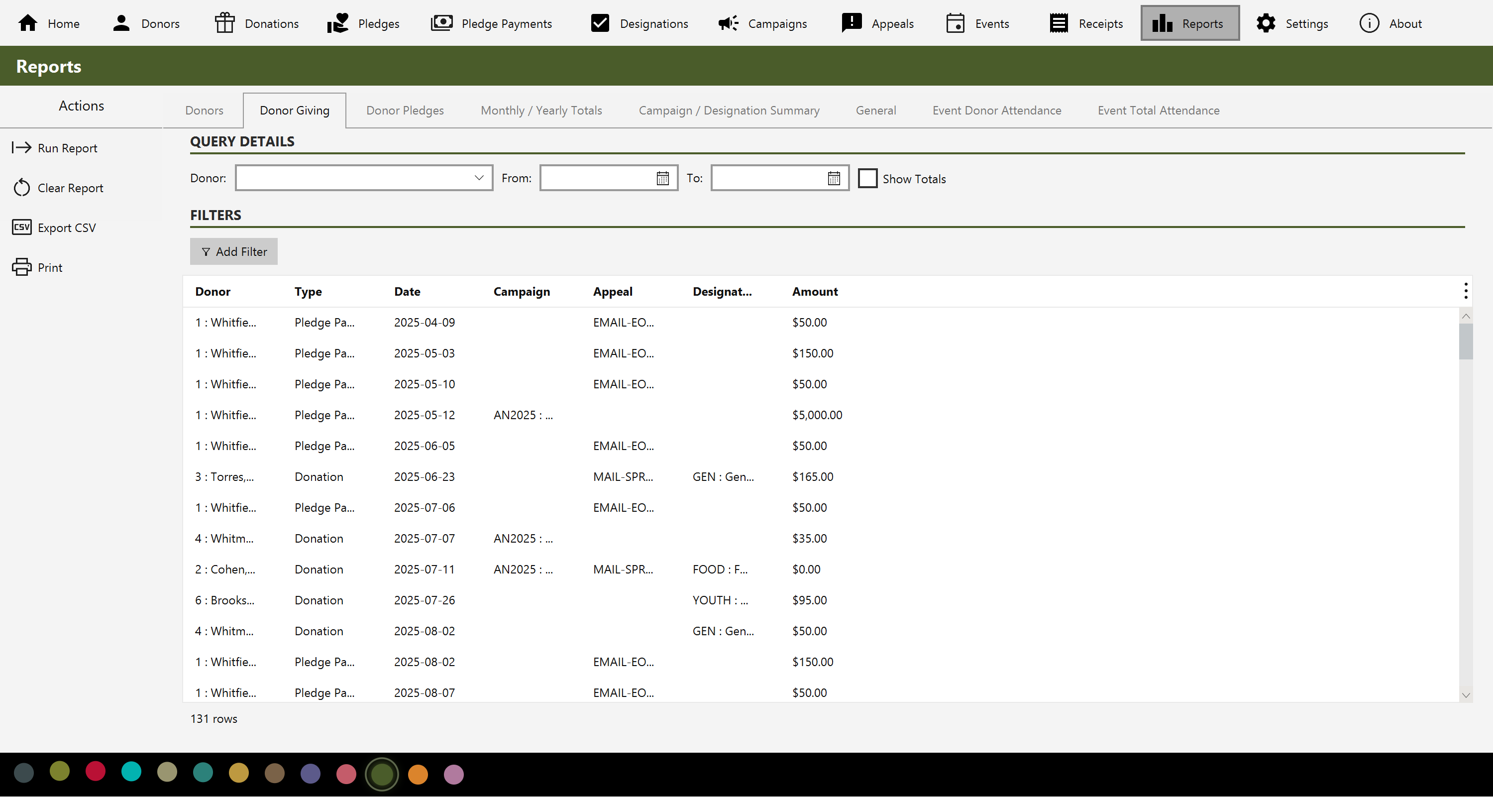 A donor giving report showing gifts over a date range with a totals row
