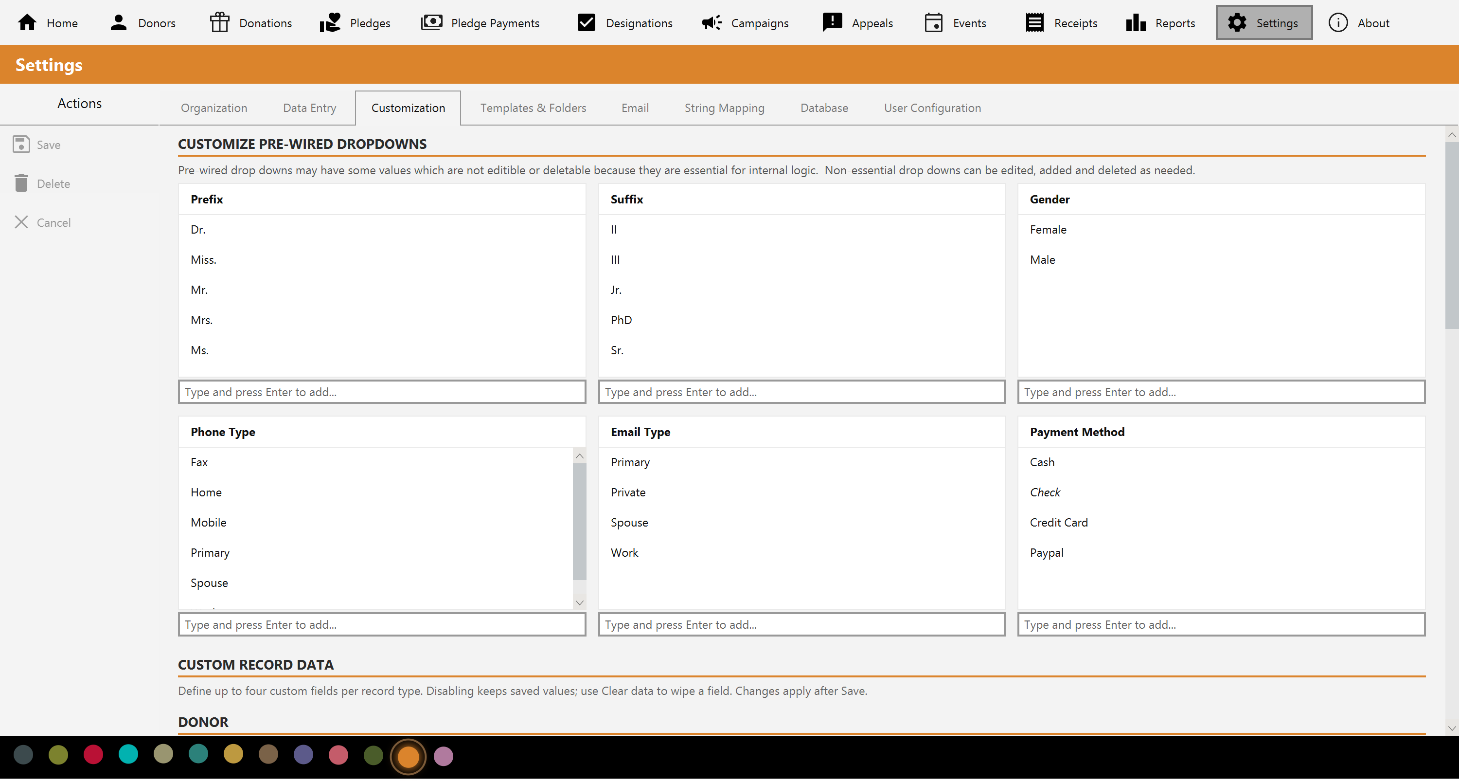 The Customization tab of Settings, showing editable drop-down vocabularies and custom field definitions