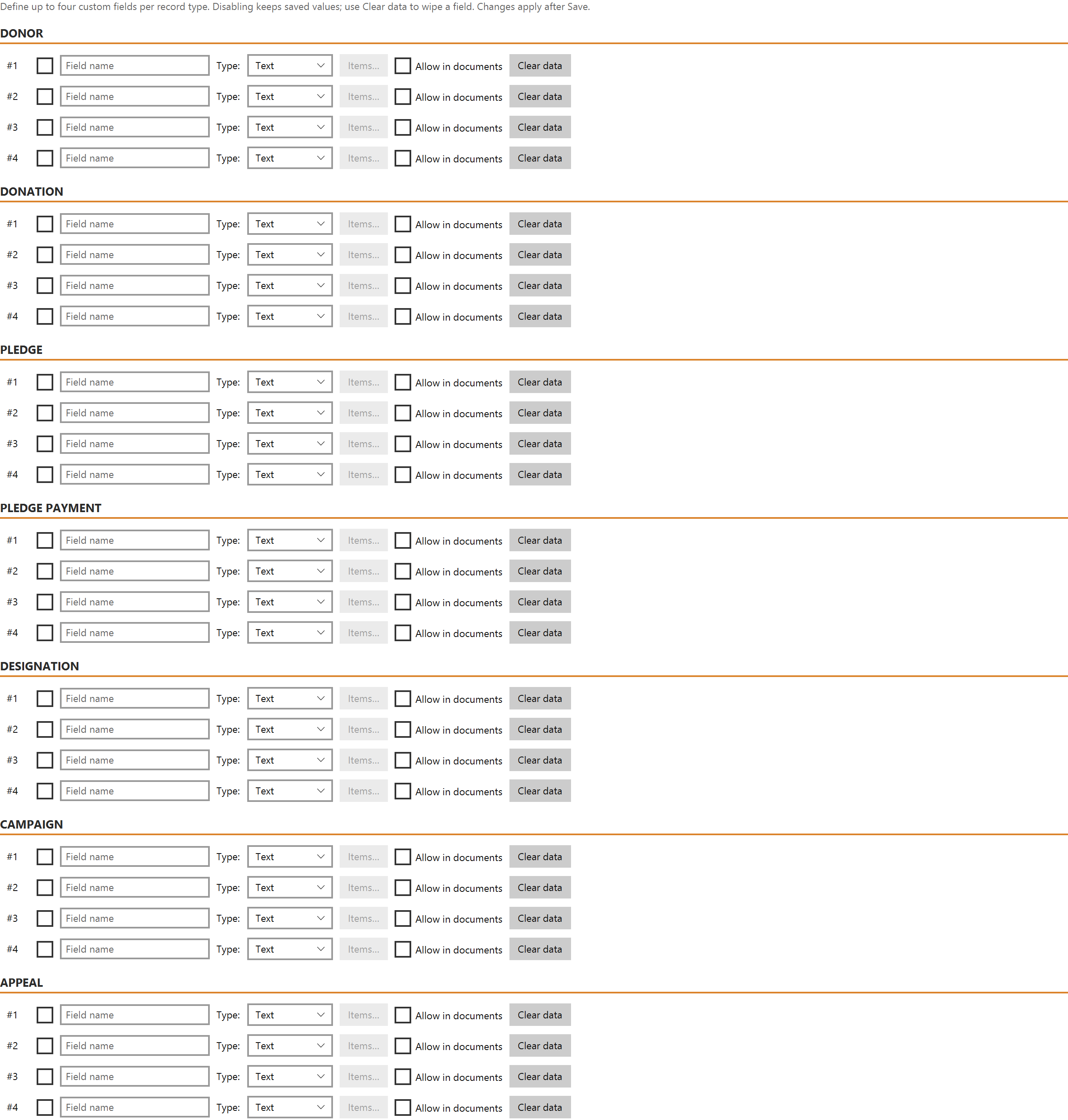 The Custom Record Data panel listing entity types with their custom field definitions