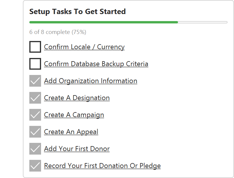 The setup checklist card with its progress bar and completion label