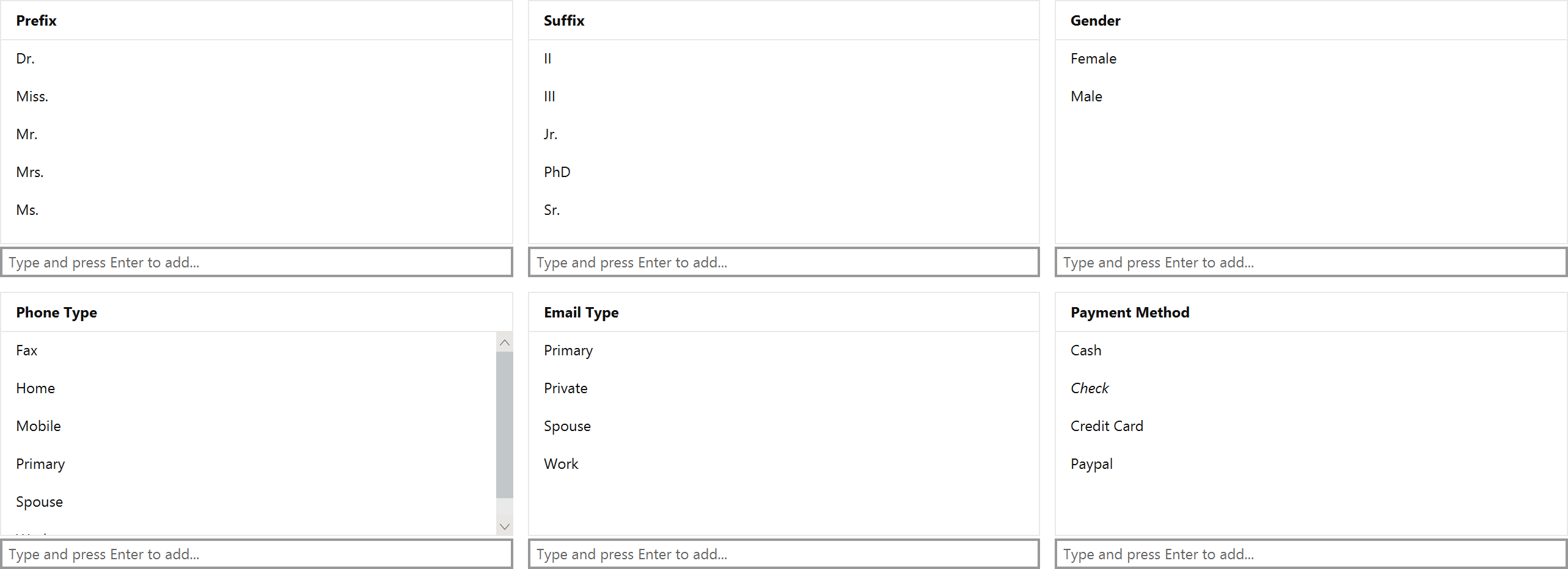 The pre-wired dropdowns grid listing editable vocabulary values