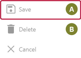 The Actions panel with the Save button outlined and Delete beside it
