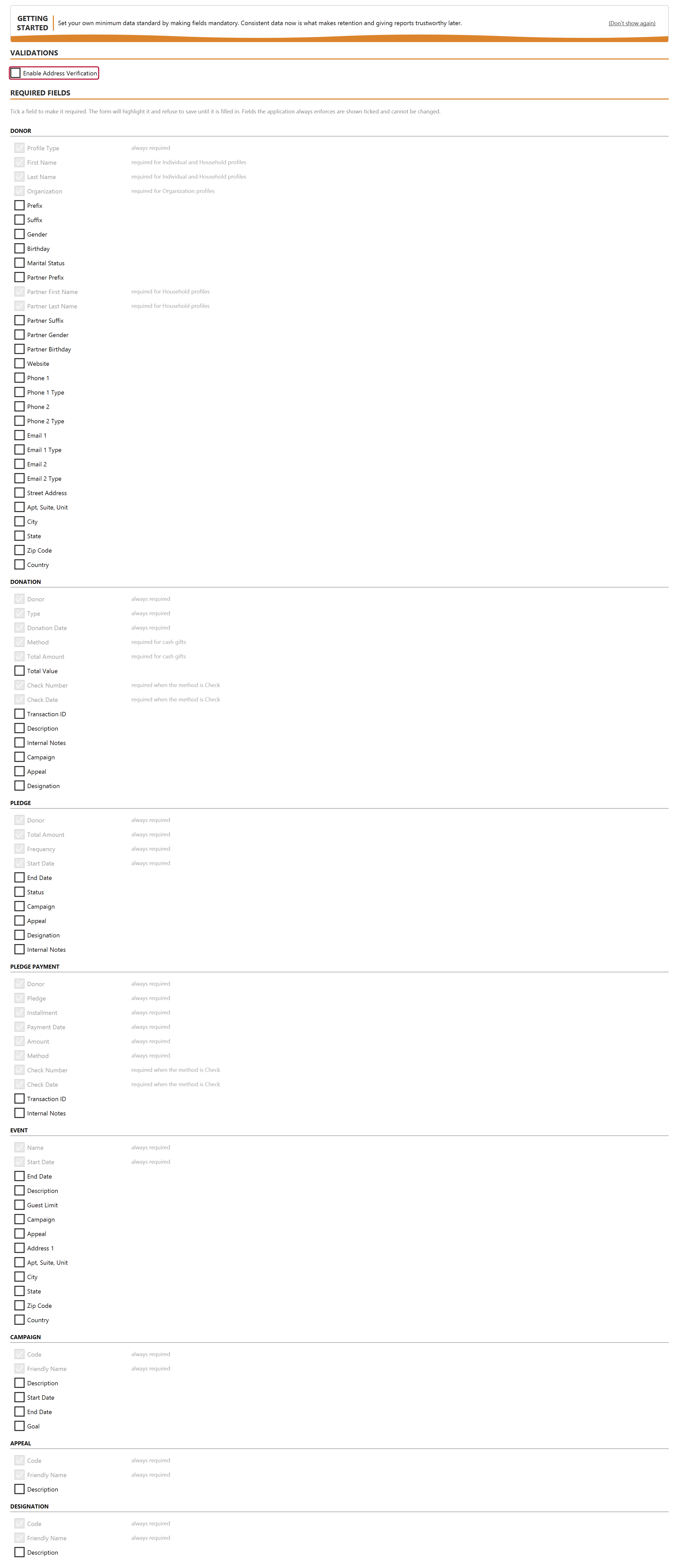The Validations section with the Enable Address Verification checkbox outlined