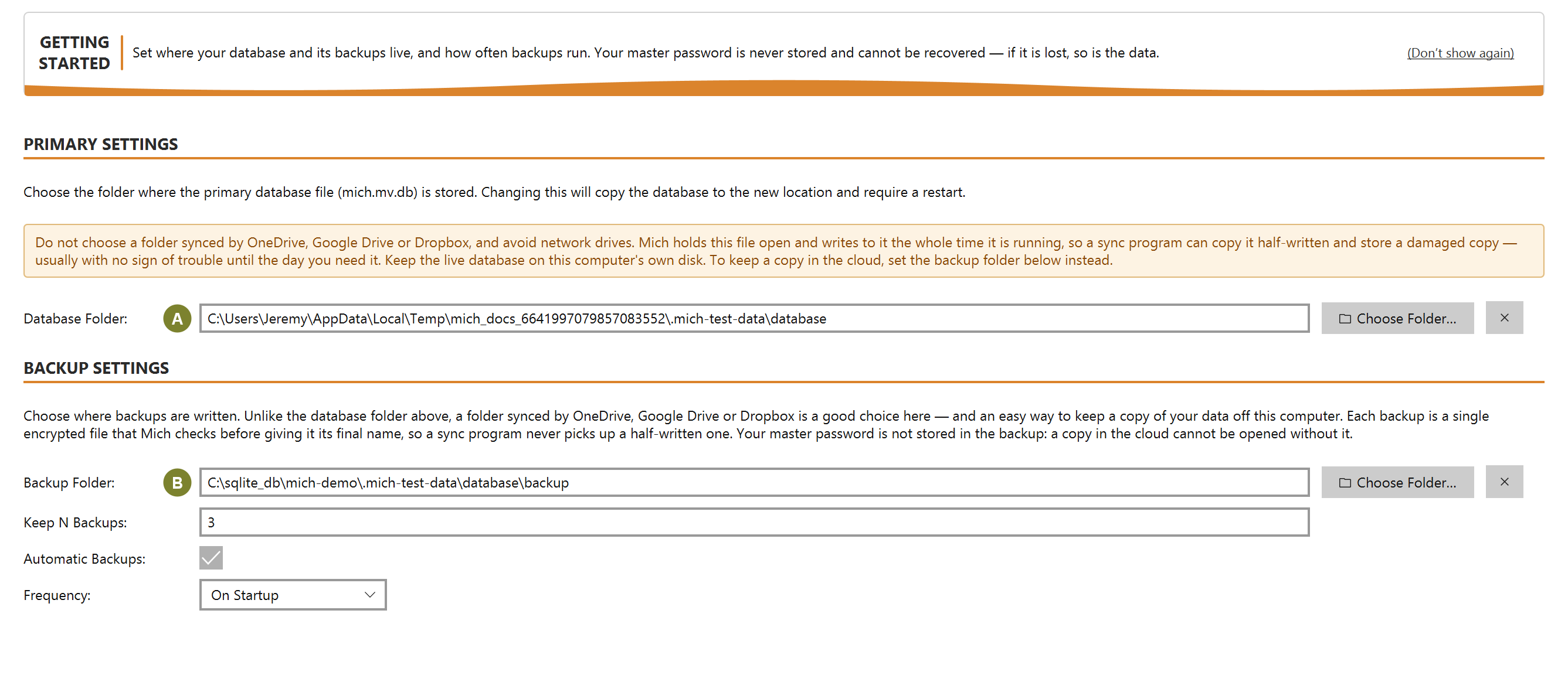 The Primary Settings and Backup Settings sections showing the database folder and the backup folder