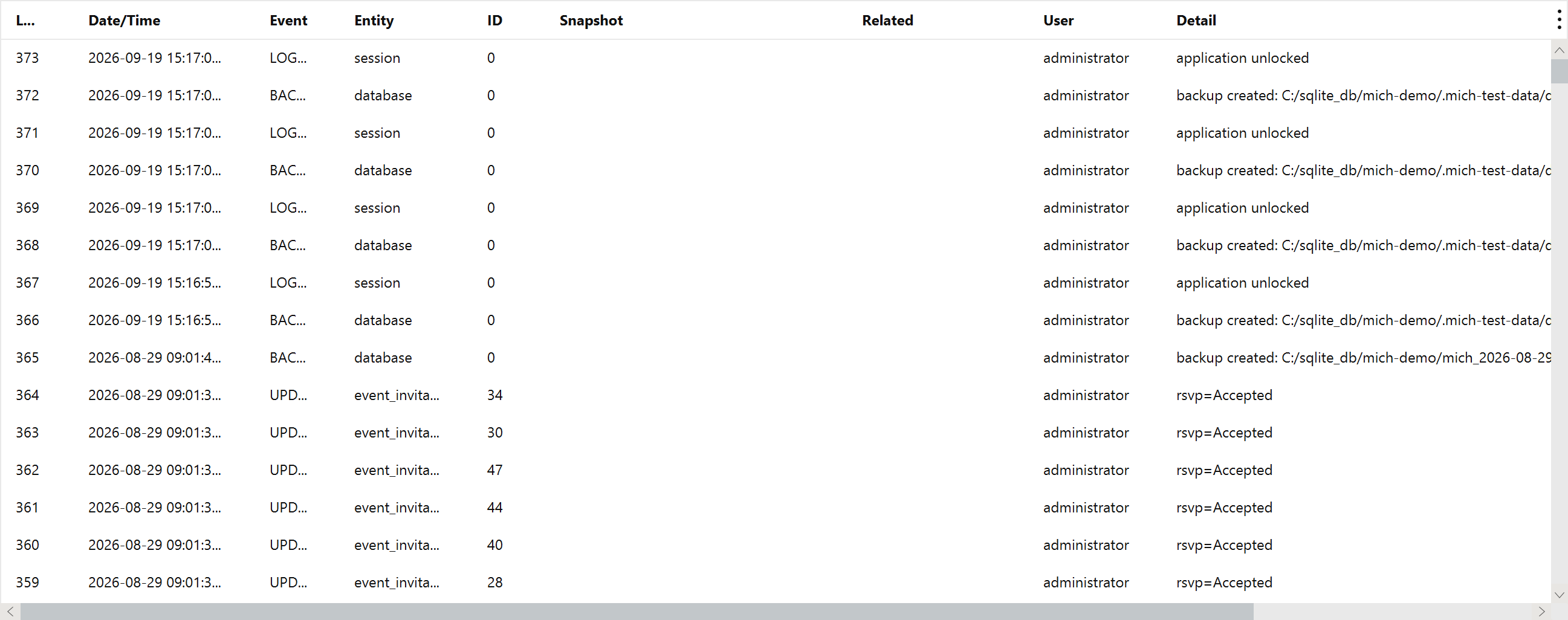 The audit log table listing events with type, entity, record and detail columns