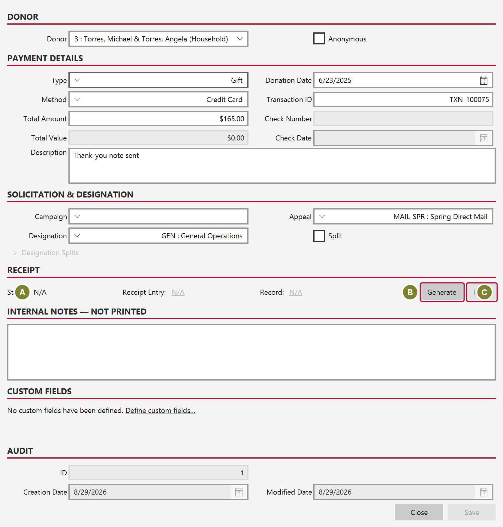 The Receipt panel on a donation form showing the status, the Generate button and the Issue button