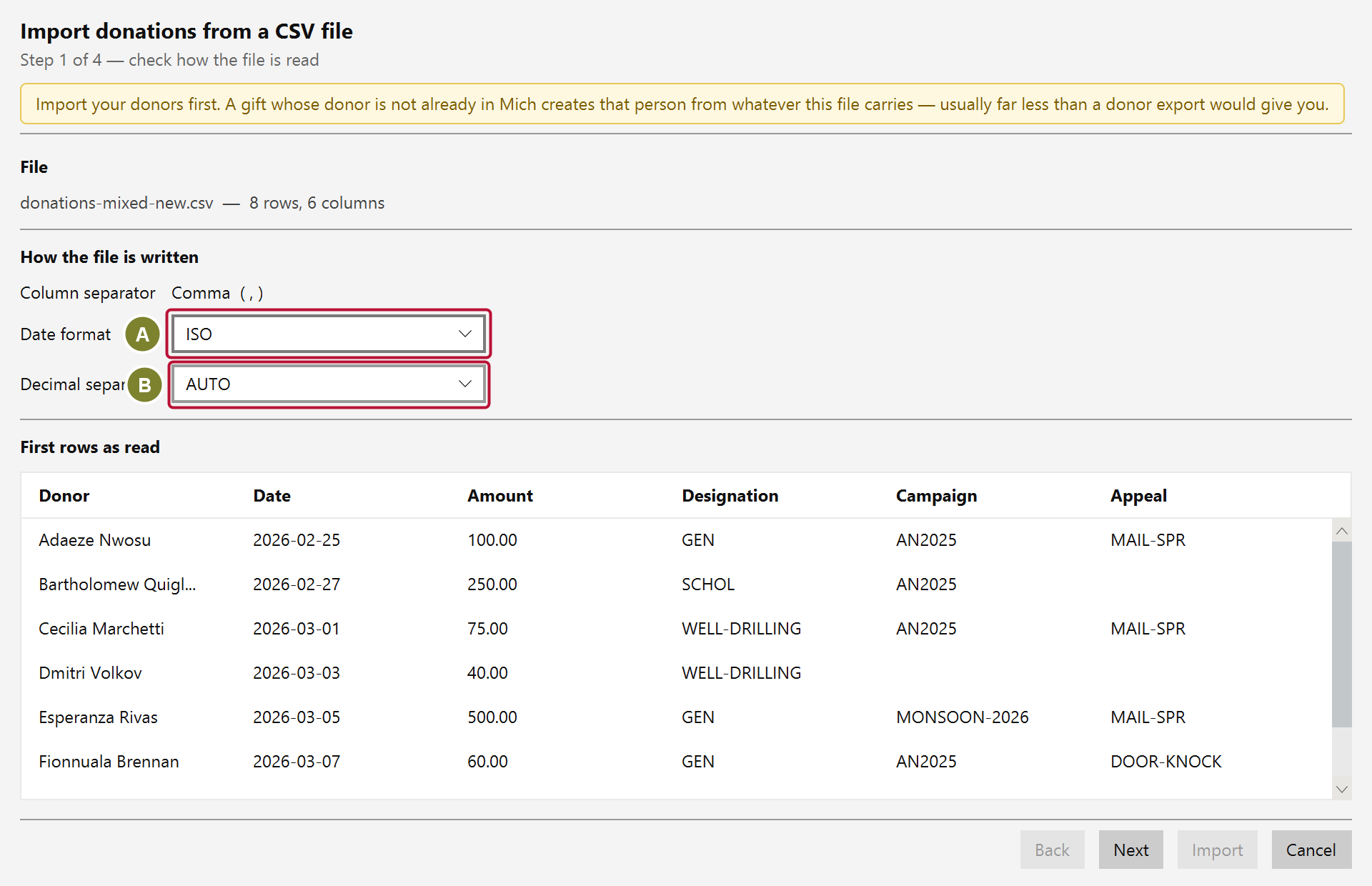 The wizard's first step for donations, with a date format chooser and a decimal separator chooser beside the file summary