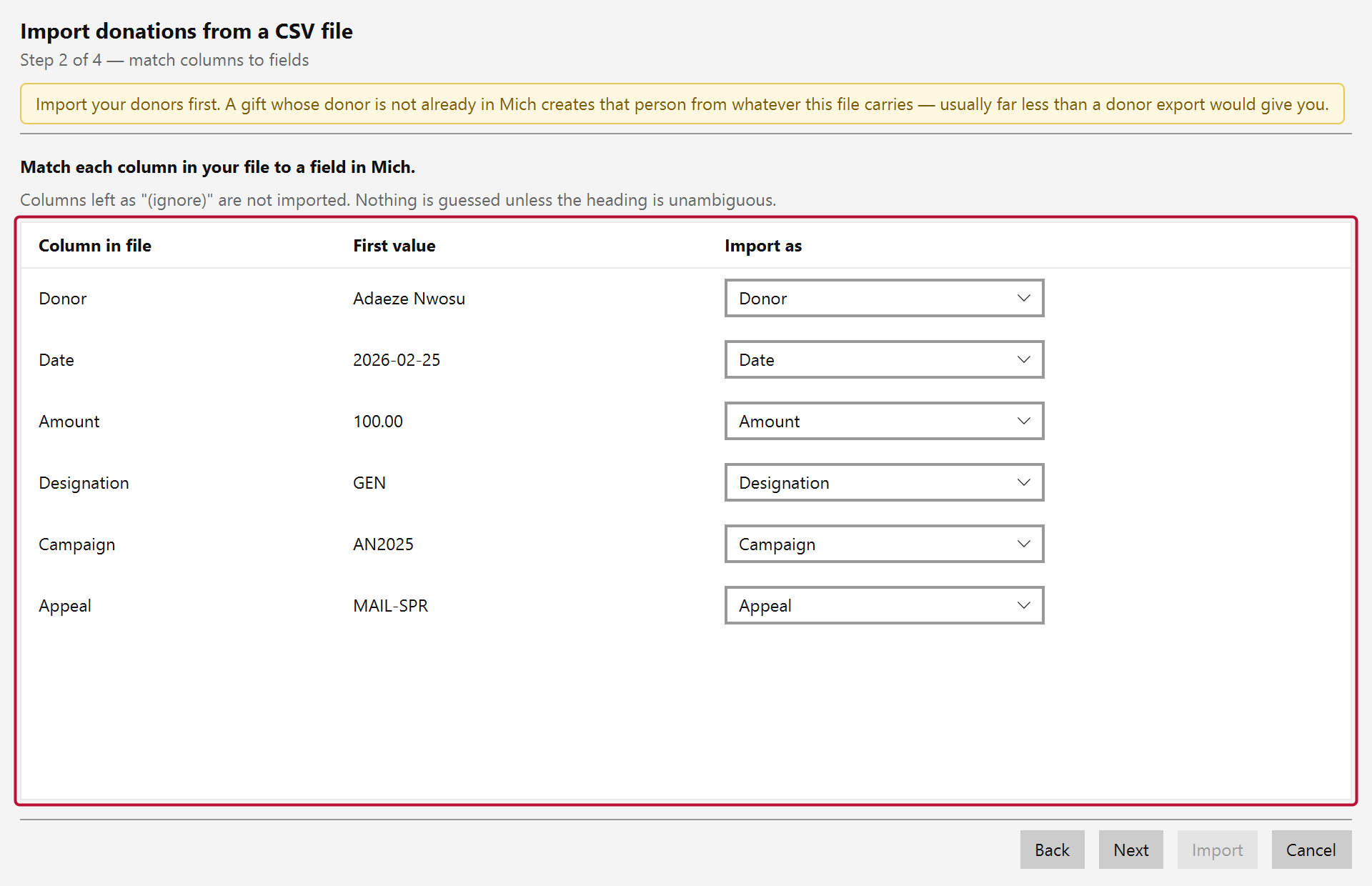 The column matching step for donations, with each column set to the donation field it belongs in