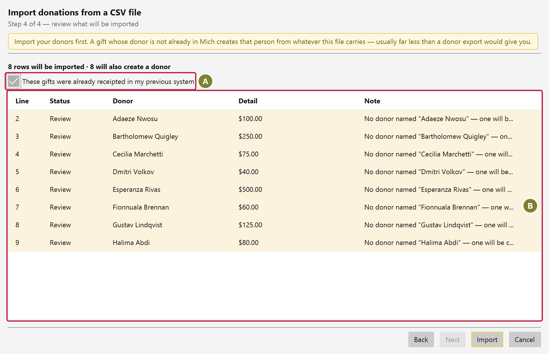 The preview step for donations, with the already-receipted checkbox above a table of rows and their status