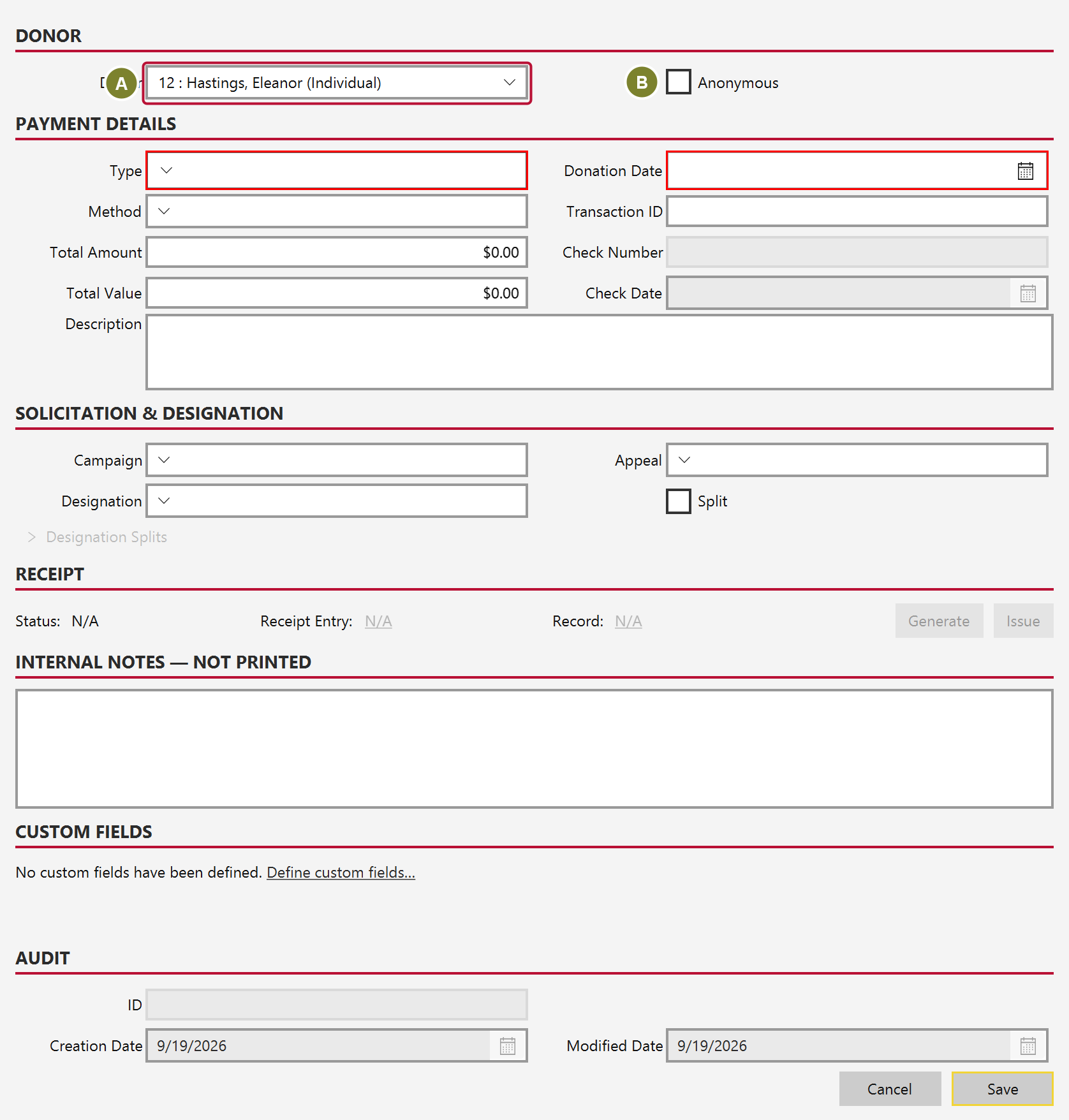 The Donor section of the donation form with the donor dropdown outlined and the Anonymous checkbox beside it