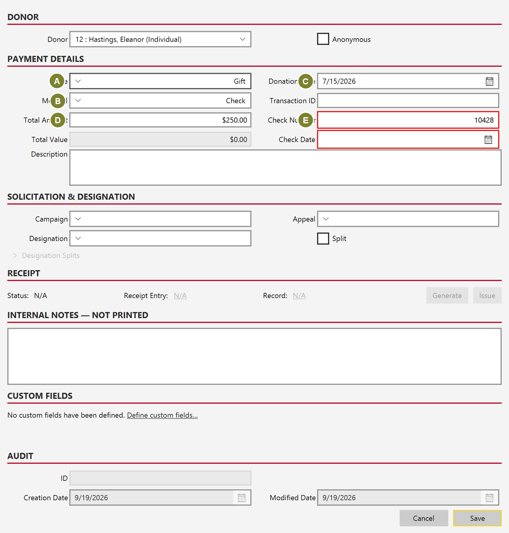 The Payment Details section with Type set to Gift, Method set to Check, a donation date, a total amount of 250 dollars, and a check number