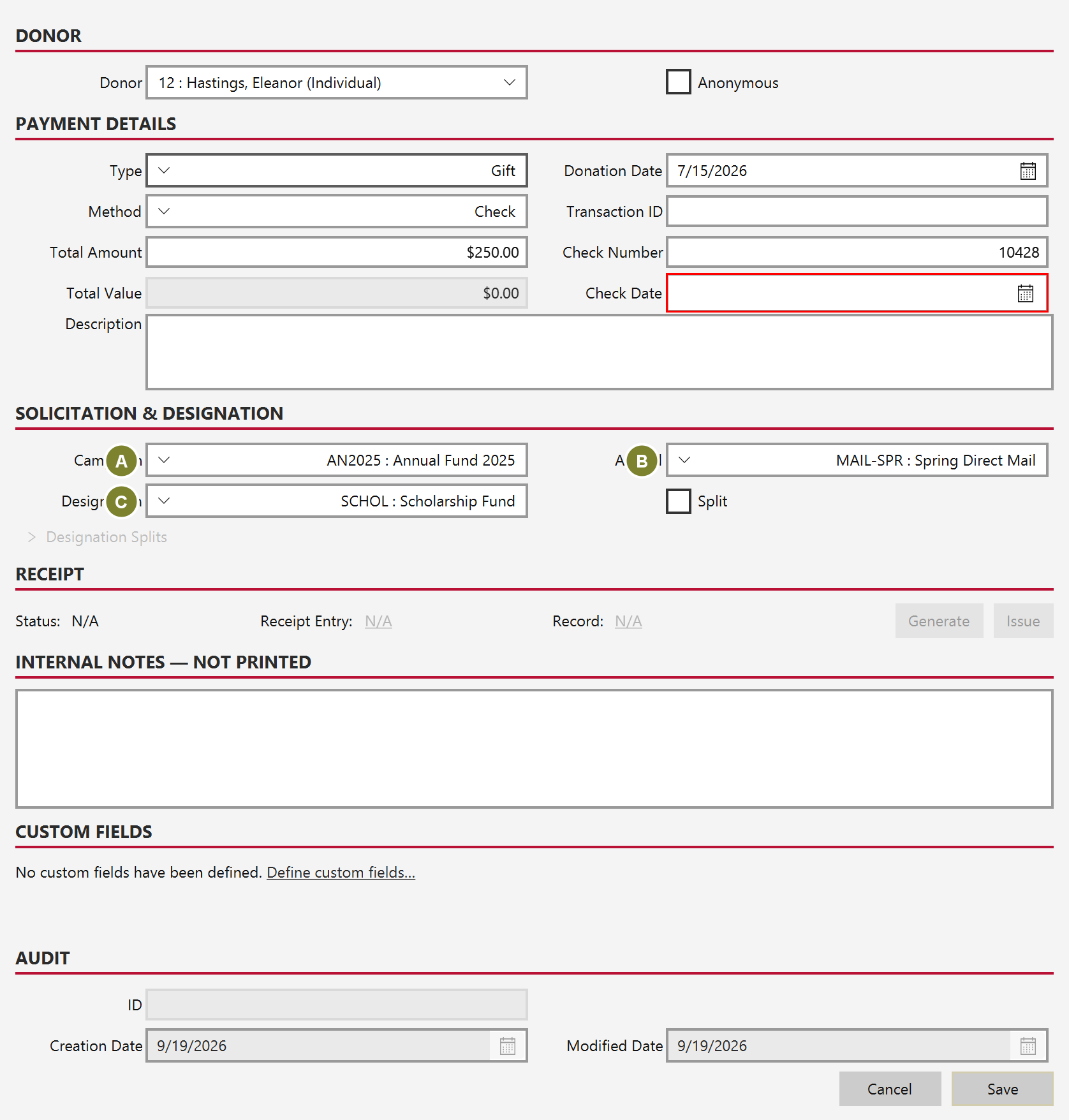 The Solicitation and Designation section with campaign, appeal and designation dropdowns filled in