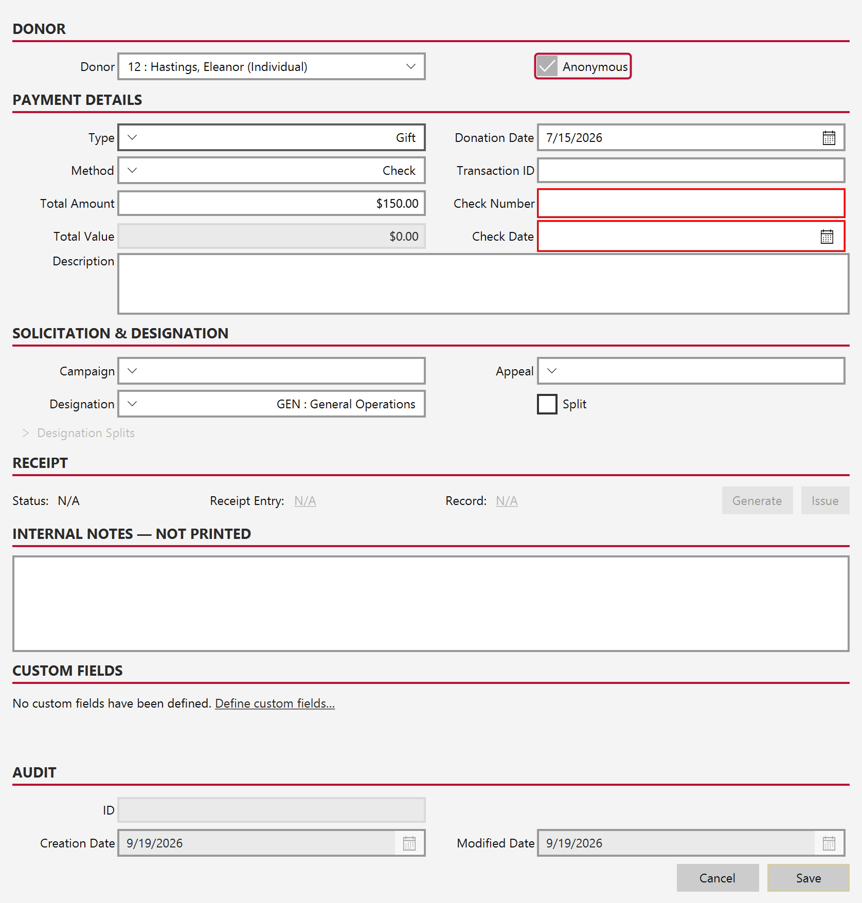 The Donor section of the donation form with the Anonymous checkbox outlined beside the donor dropdown
