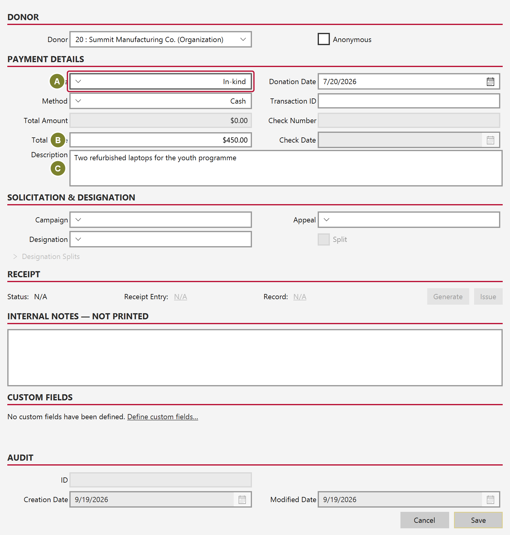The donation form with Type set to In-kind, a Total Value of 450 dollars, and a description of the donated goods