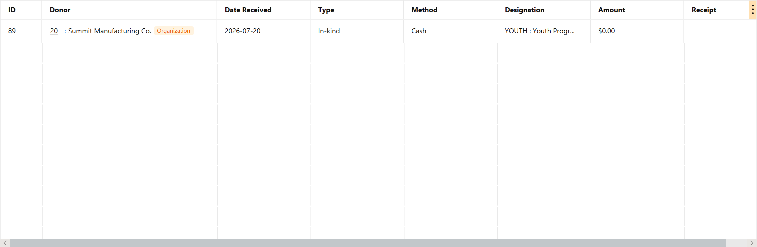 The Donations list filtered to the in-kind gift, showing its description