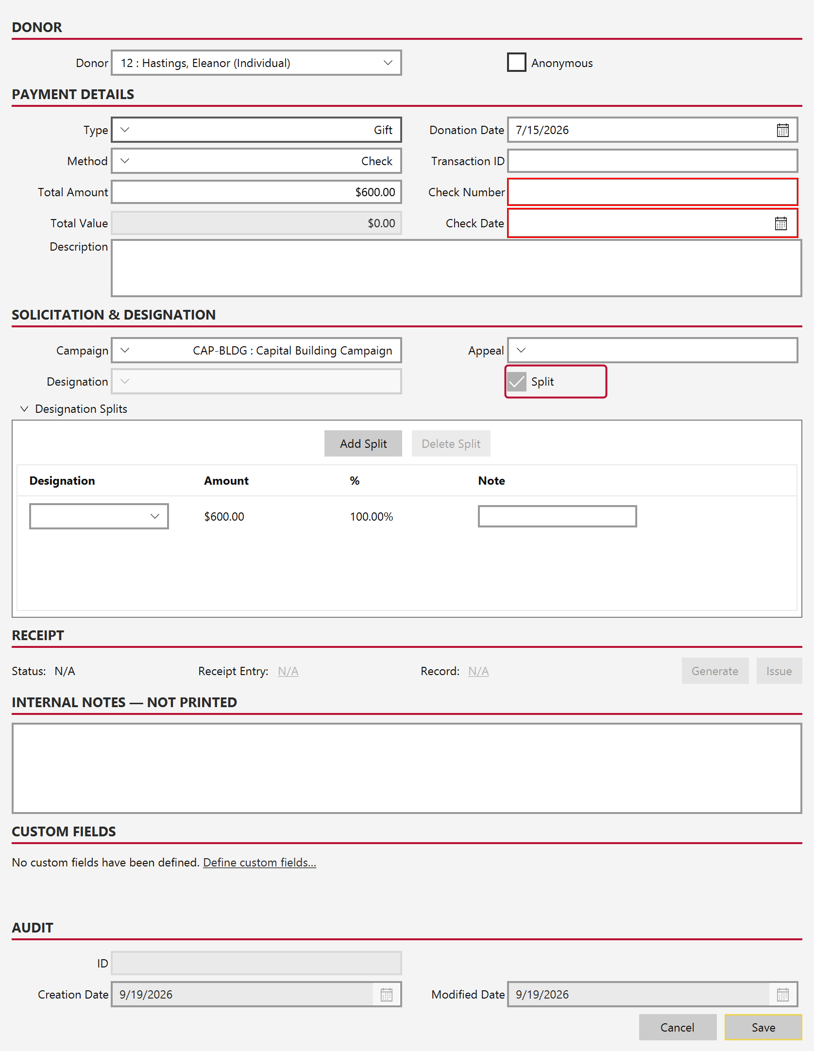 The Solicitation and Designation section with the Split checkbox outlined