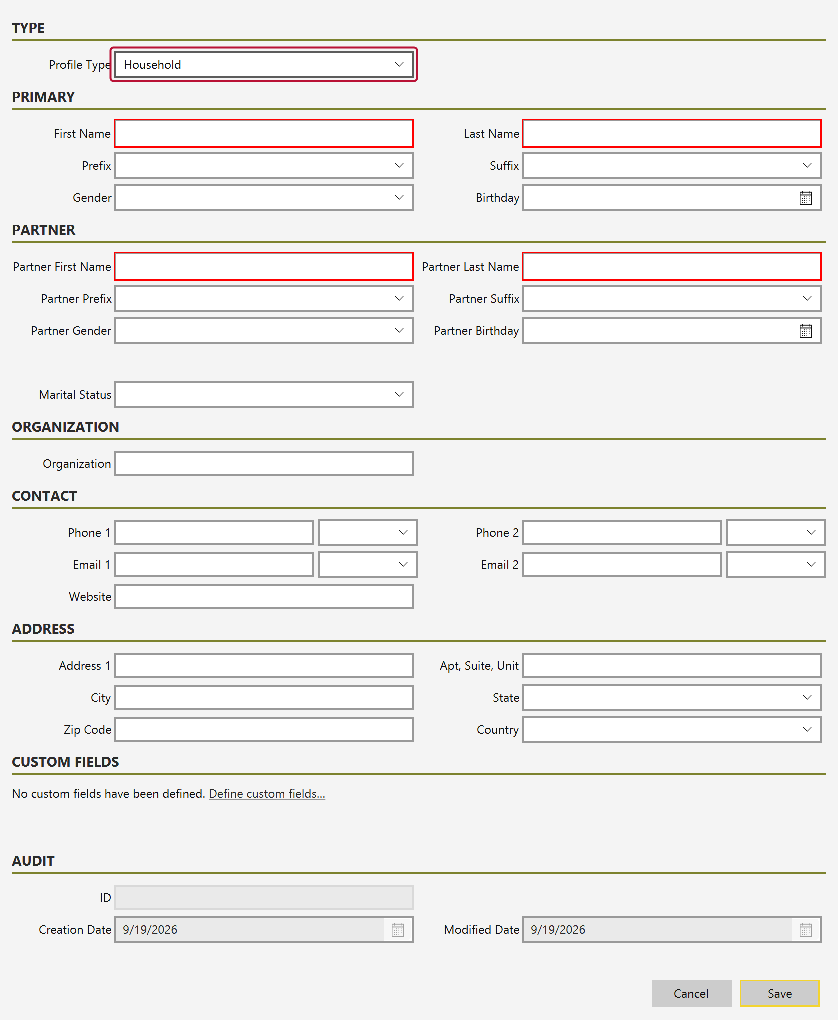 The donor form with Profile Type set to Household