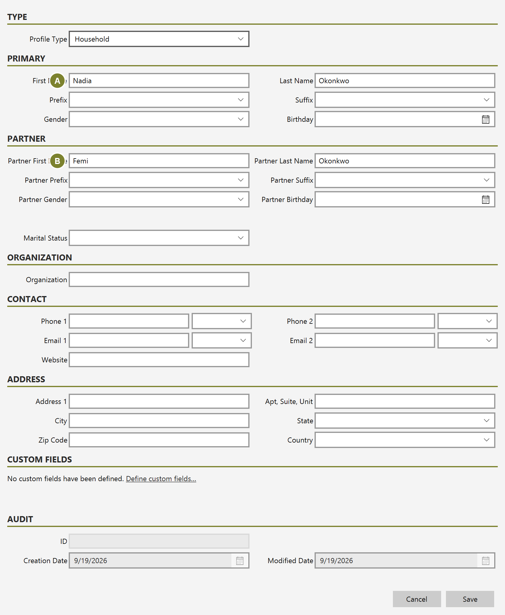 The donor form with Nadia Okonkwo as the primary name and Femi Okonkwo in the partner fields