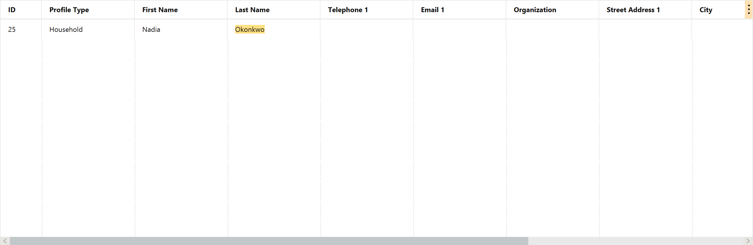 The donor list filtered to one row showing the Okonkwo household