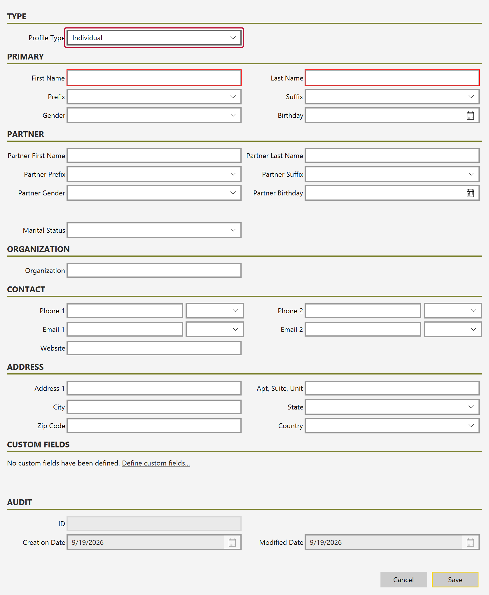 The Type section of the donor form with Profile Type set to Individual
