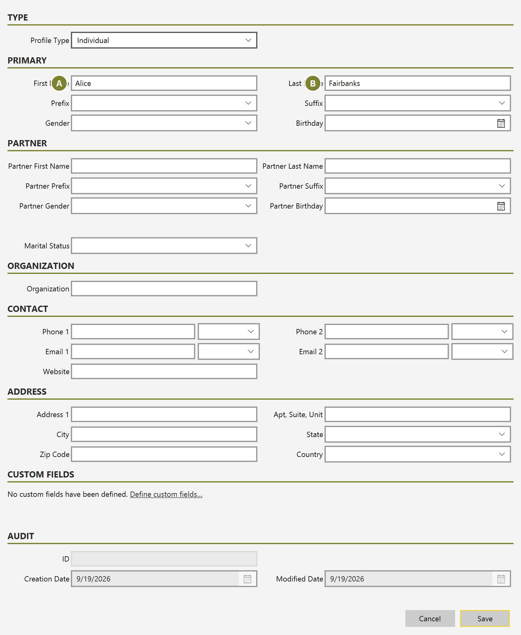 The donor form with First Name set to Alice and Last Name set to Fairbanks