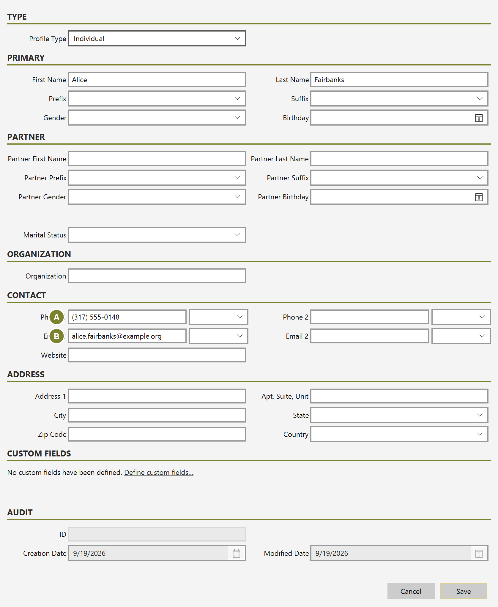 The donor form with a phone number and an email address entered