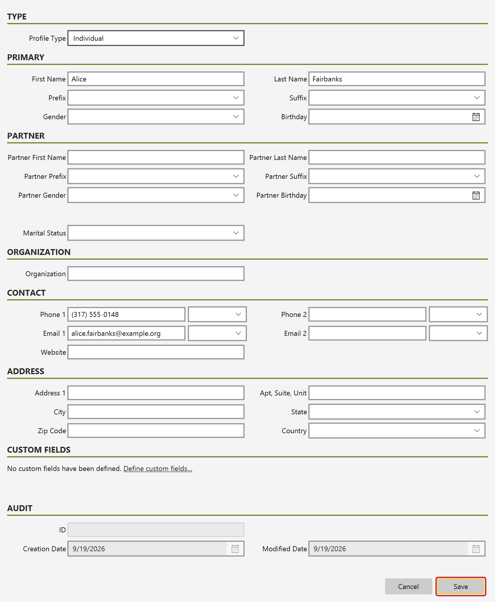 The donor form with the Save button outlined at the bottom right