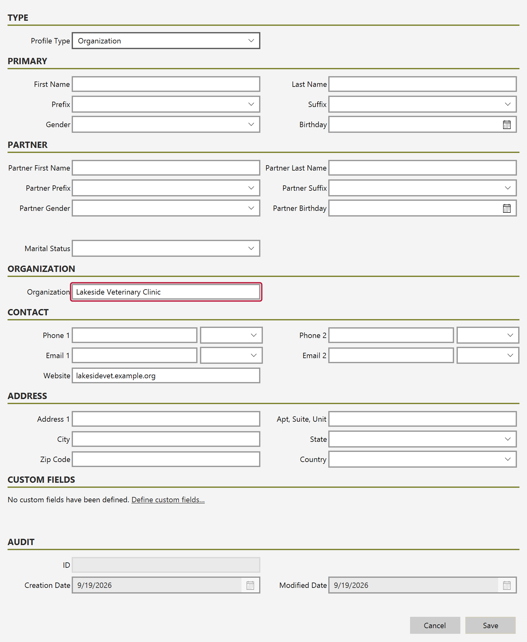 The donor form with Profile Type set to Organization, and the Organization field set to Lakeside Veterinary Clinic and outlined