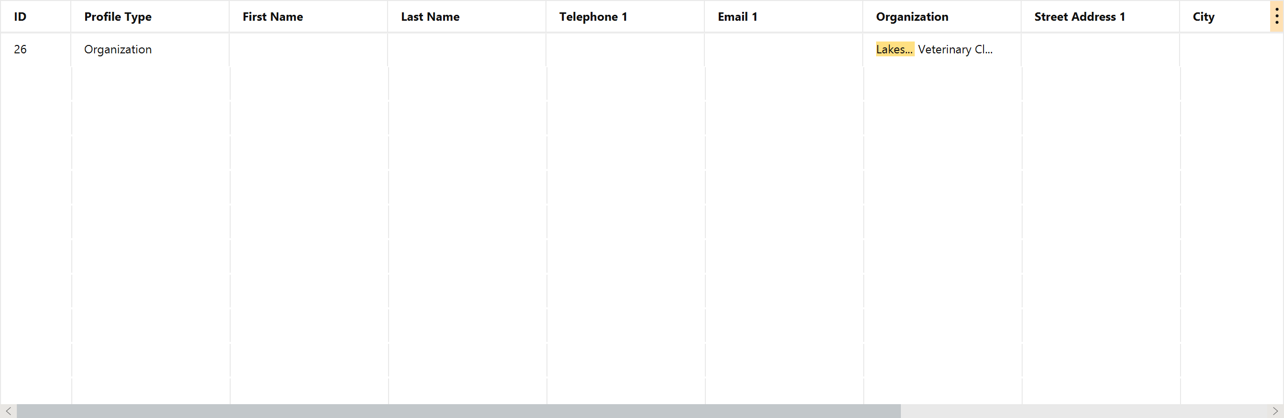 The donor list filtered to one row showing Lakeside Veterinary Clinic as an Organization