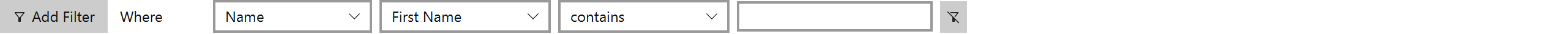 A filter row reading Where, Name, First Name, contains, and an empty value box