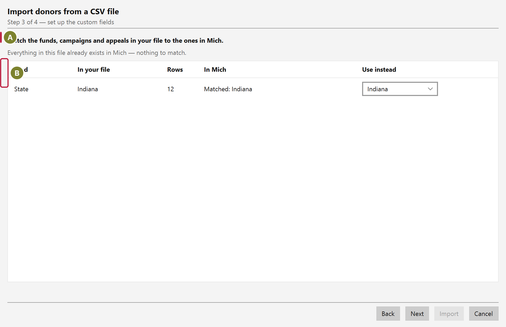 The preview step, showing a summary count above a table of rows with a status, donor and note for each