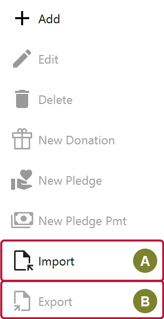 The Actions panel with the Import and Export buttons outlined at the bottom