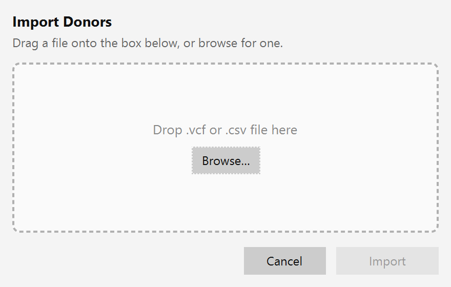 The Import Donors dialog showing a dashed drop area reading Drop .vcf file here, with a Browse button, and Cancel and Import buttons