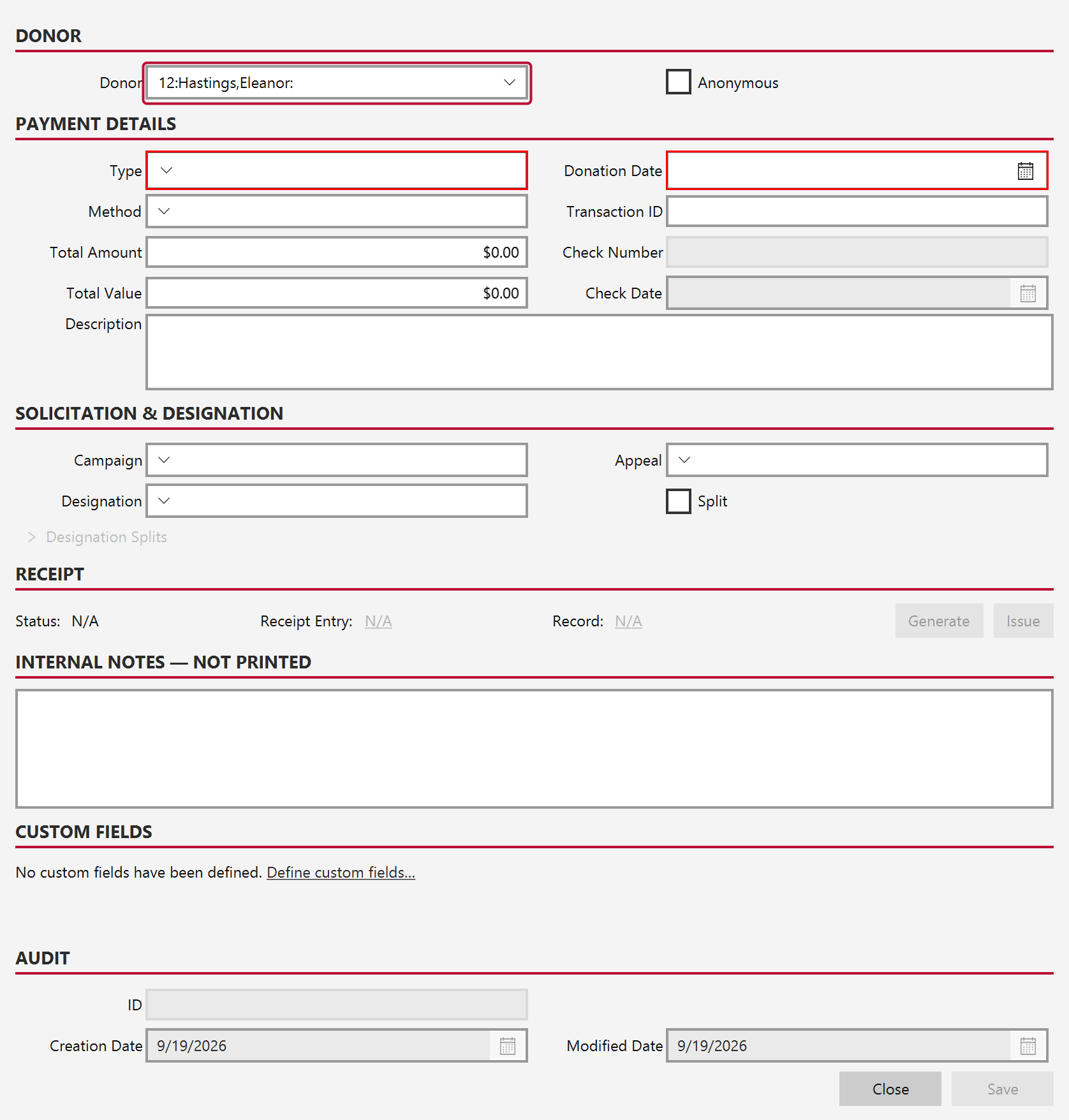 A new donation form with the Donor field filled in and outlined, and empty Type, Date and Amount fields below