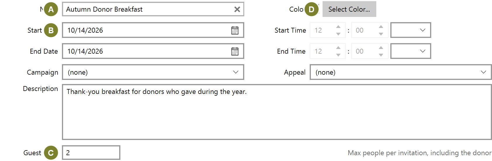 The event form with a name, event date, description and guest limit filled in, and the color picker beside them