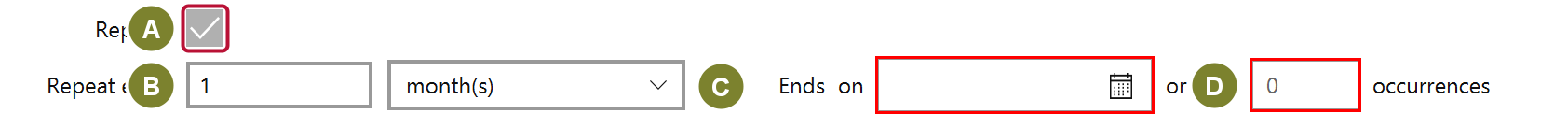 The Schedule section with the Repeats checkbox outlined, an interval field, a unit dropdown and an occurrence count