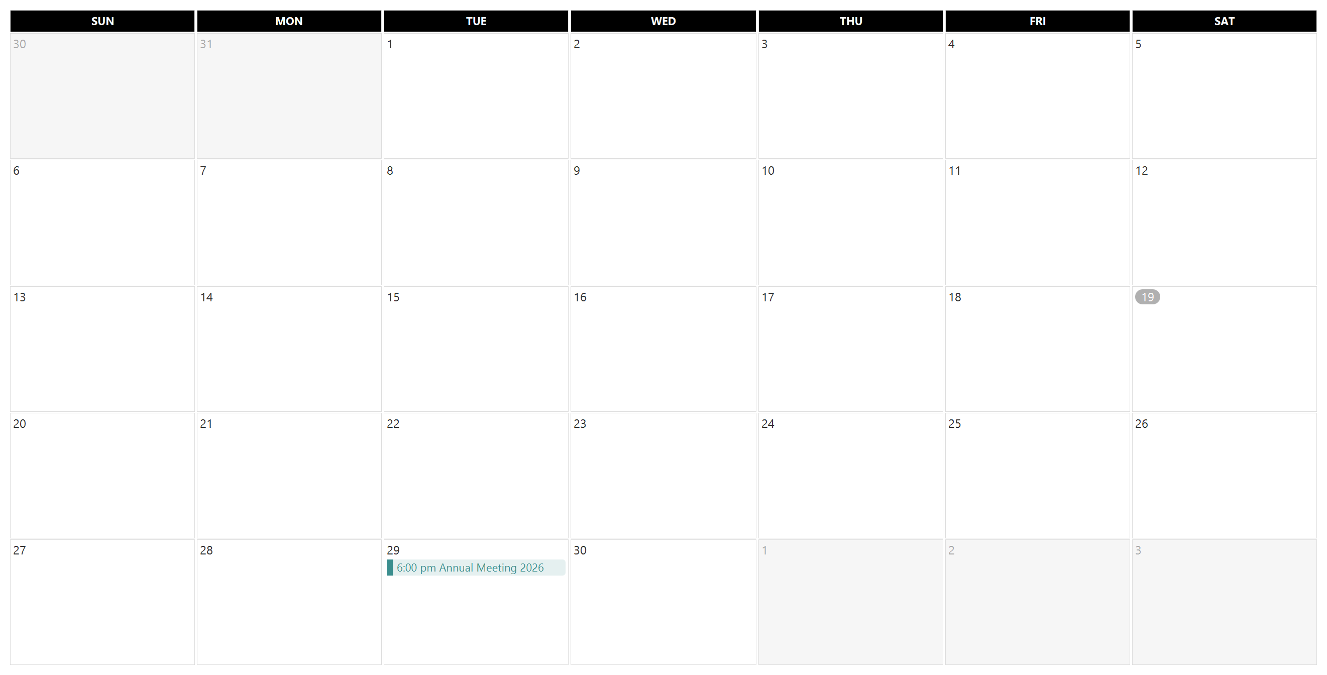 The calendar in month view with events drawn on their days in their assigned colors